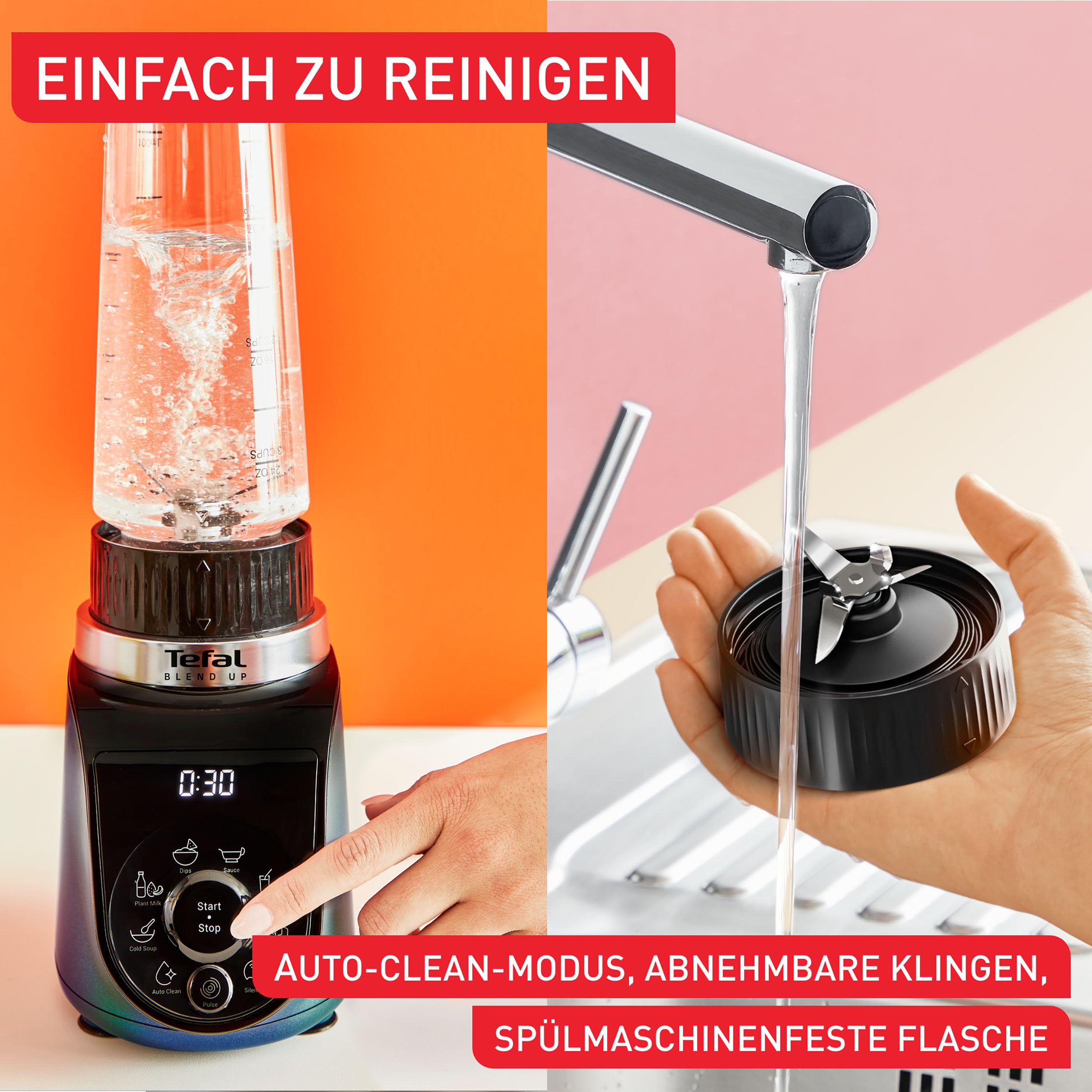 Tefal Blend Up Mini-Mixer, 8 automatische Programme, Pulsfunktion, abnehmbare Powelix-Klingen, inkl. 2 On-the-Go-Flaschen (400 + 700 ml), Silence-Modus, kompaktes Design, 1000 Watt, Blau, BL19H4F0