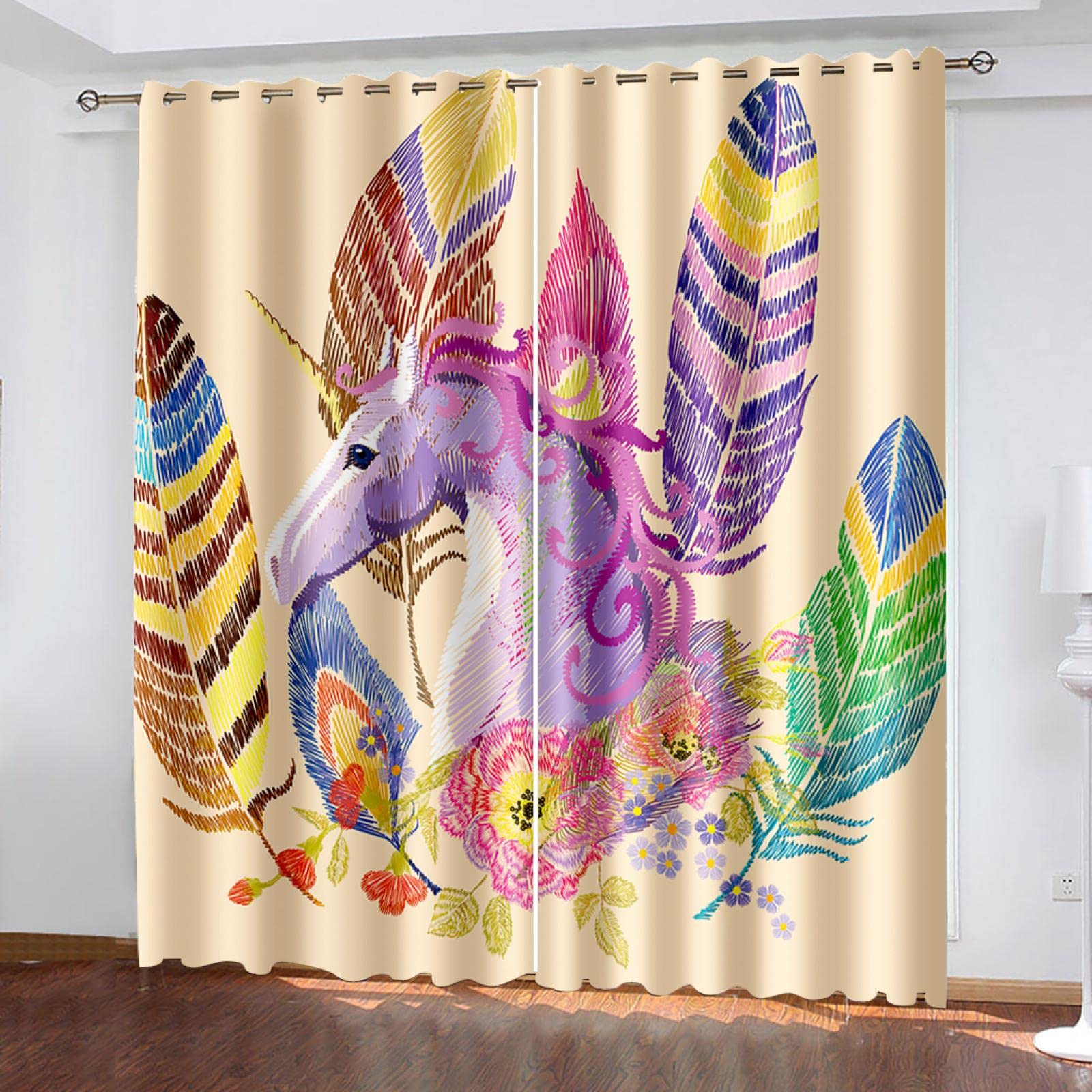Rideaux occultants pour Enfants, Motif Licorne Violette, Plumes de Dessin animé, 140 x 140 cm, Isolation Thermique, Rideaux imprimés à œillets pour Chambre d'enfant, Lot de 2 Panneaux