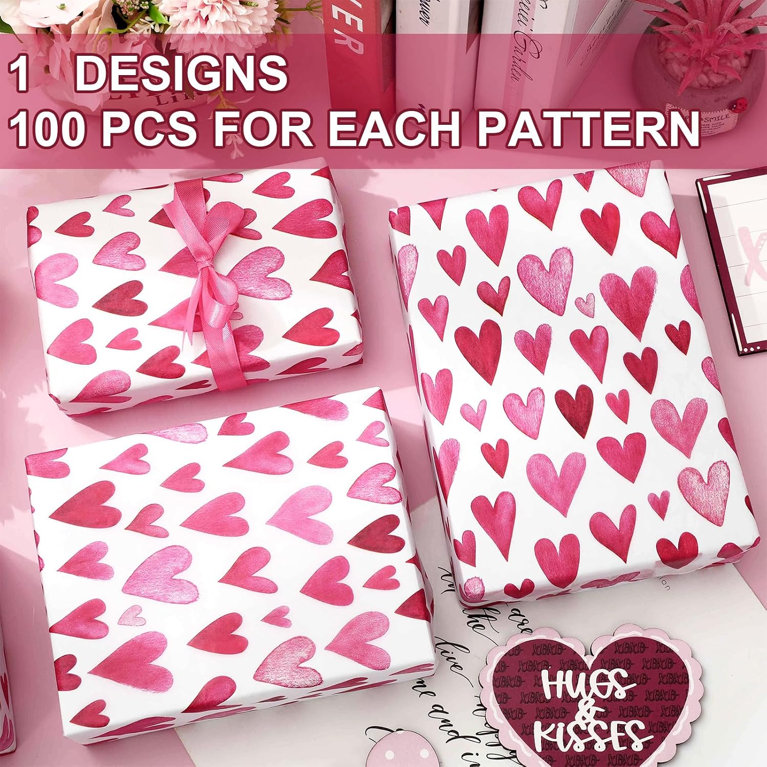 JarThenaAMCS 100 Sheets Valentine's Day Tissue Paper Watercolor Pink Heart Gift Wrapping Paper Decorative Art Papers for Bridal Shower Wedding Party DIY Crafts, 14 x 20 Inch