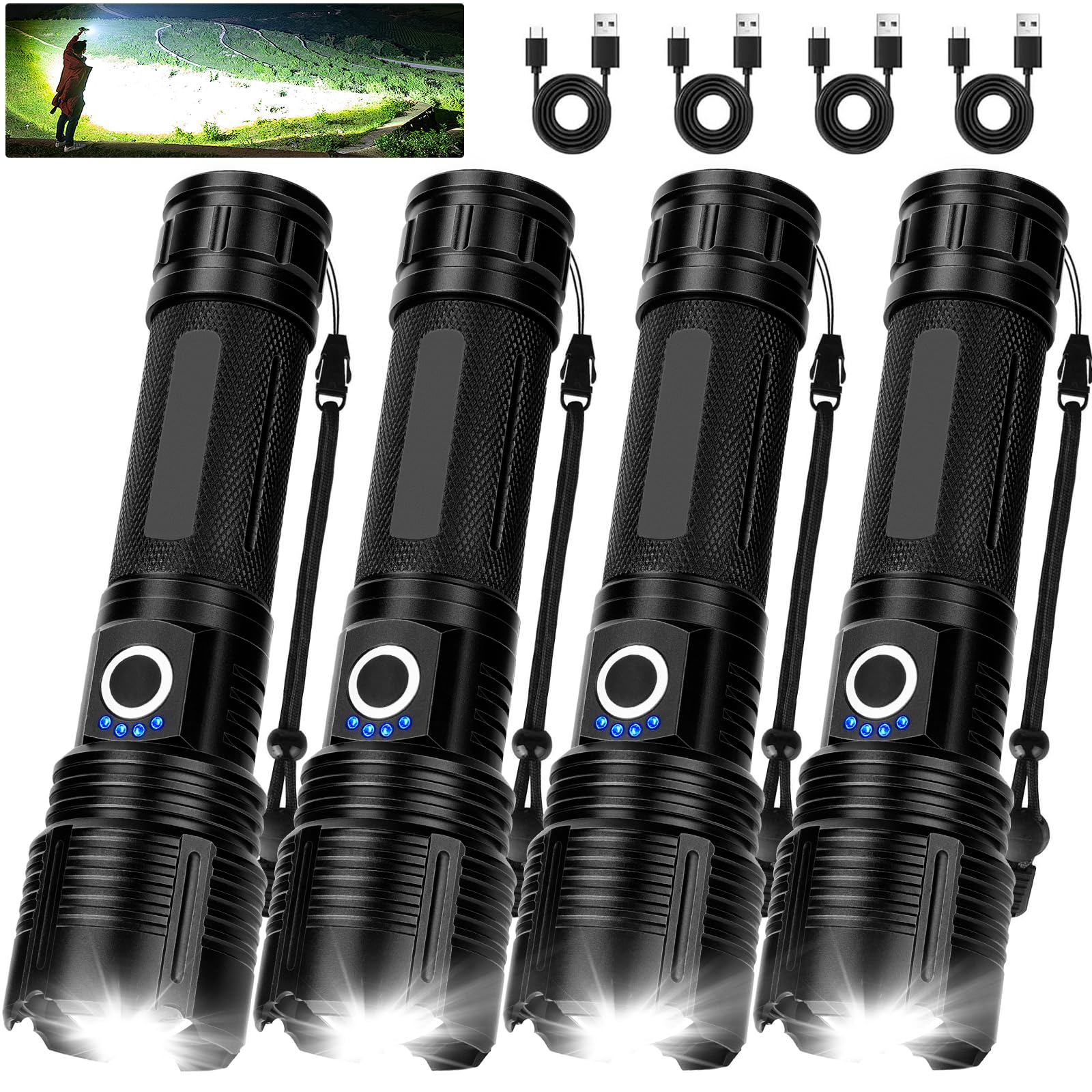 MILAOSHU Paquete de 4 linternas recargables de 99.000 lúmenes altos, linternas recargables superbrillantes para el hogar, potente luz LED con 5 modos de luz, IPX7 impermeable para exteriores, camping