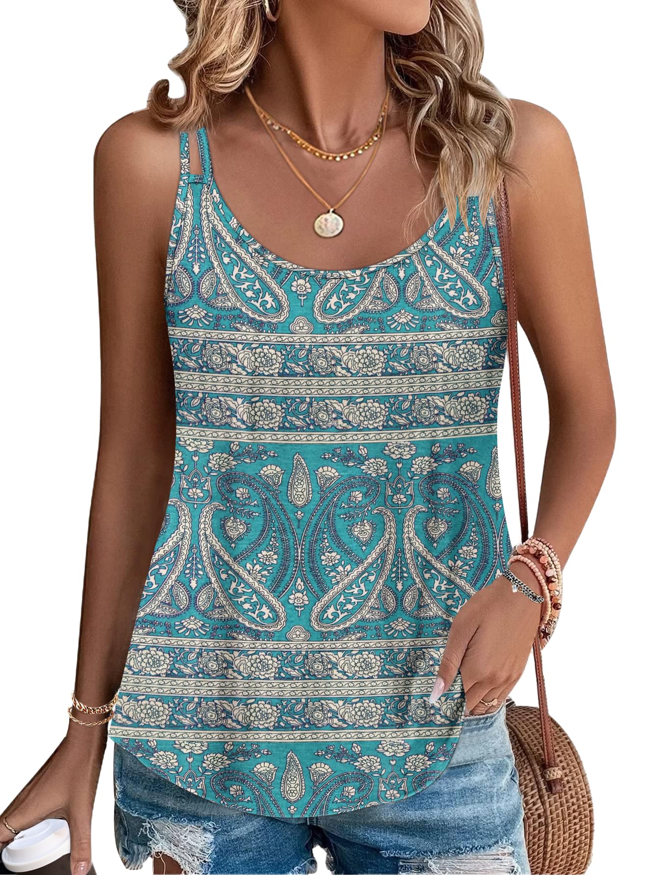 PLOKNRD Women's Summer Vest Tops - Spaghetti Strap Camisole, Bo GN Flo, S