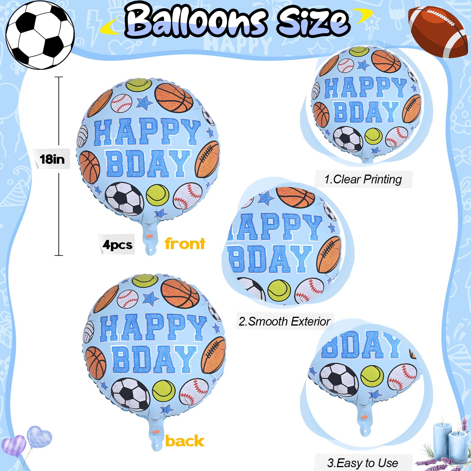 Sportowe balony foliowe, 45 cm, nadmuchiwany okrągły balon z mylaru z napisem Happy BDAY i baseball, siatkówka, koszykówka, piłka nożna, nadruk, balony helowe dla chłopców, baby shower, dekoracje