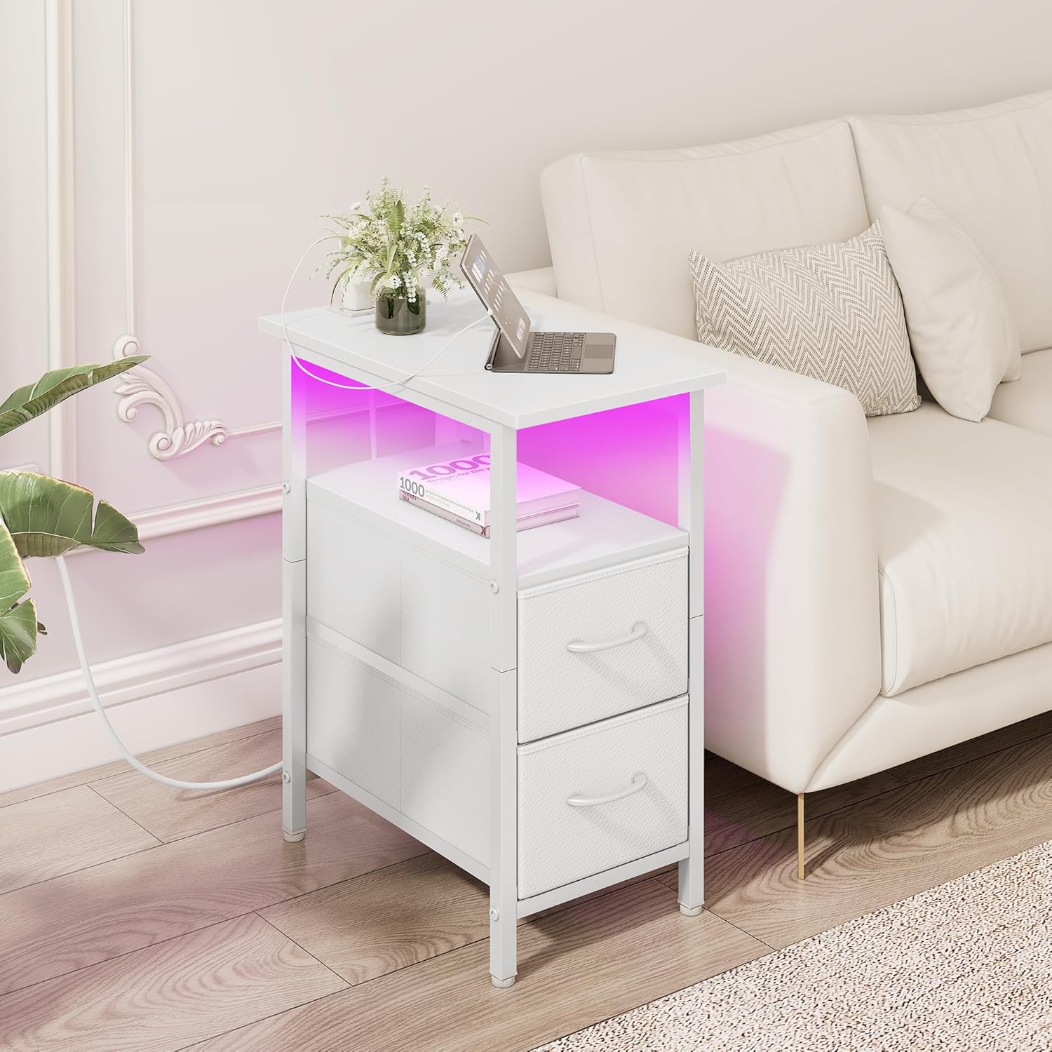 Vagusicc Set of 2 White Nightstand with Charging Station and LED Lights, Narrow Side Table, LED Night Stand with 2 Fabric Drawers, Bedside Table Small End Table, Tall Nightstand for Bedroom, White