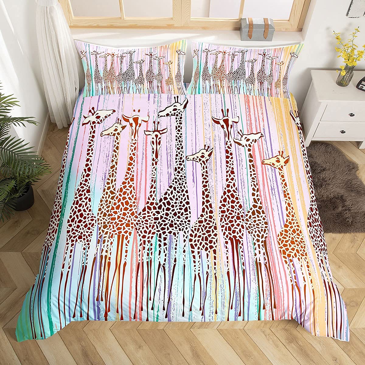 Loussiesd Boys Multicoloured 7 Giraffe Printed Bedding Set Single Giraffe Duvet Cover Set 3D Animal Theme Comforter Cover 2 Pieces Bedding Giraffe Pattern Decor Bedspread Cover For Kids Teens Giraffe Quilt Cover