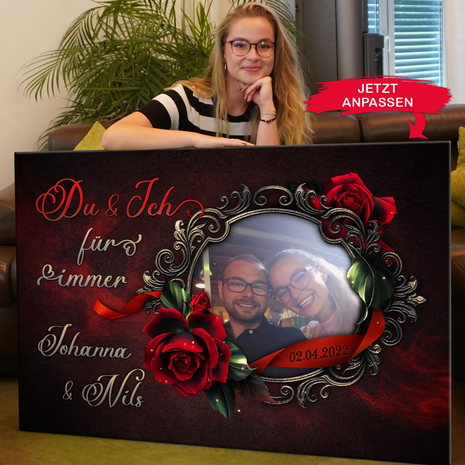 Liebesleinwand Das sind wir Leinwand | Leinwandbild mit Foto, Namen und Datum | Wandbild gestalten | Jahrestag Geschenk für Frau Freundin Mann Freund | Rose