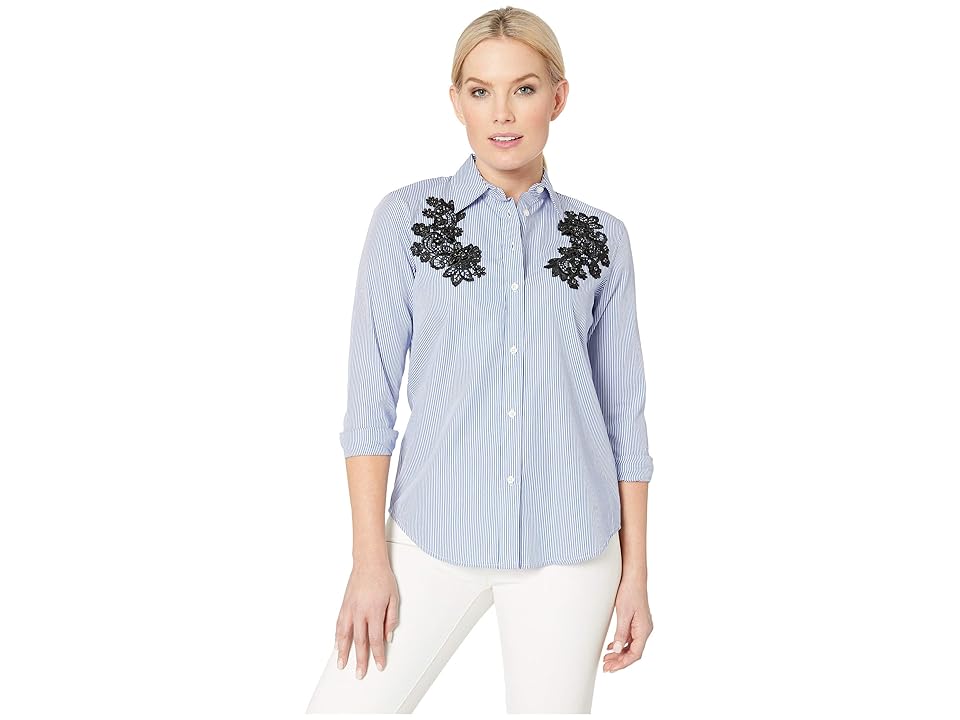 

LAUREN Ralph Lauren Petite Lace - Patch Cotton Button Down Shirt (White/Blue) Women's Long Sleeve Button Up