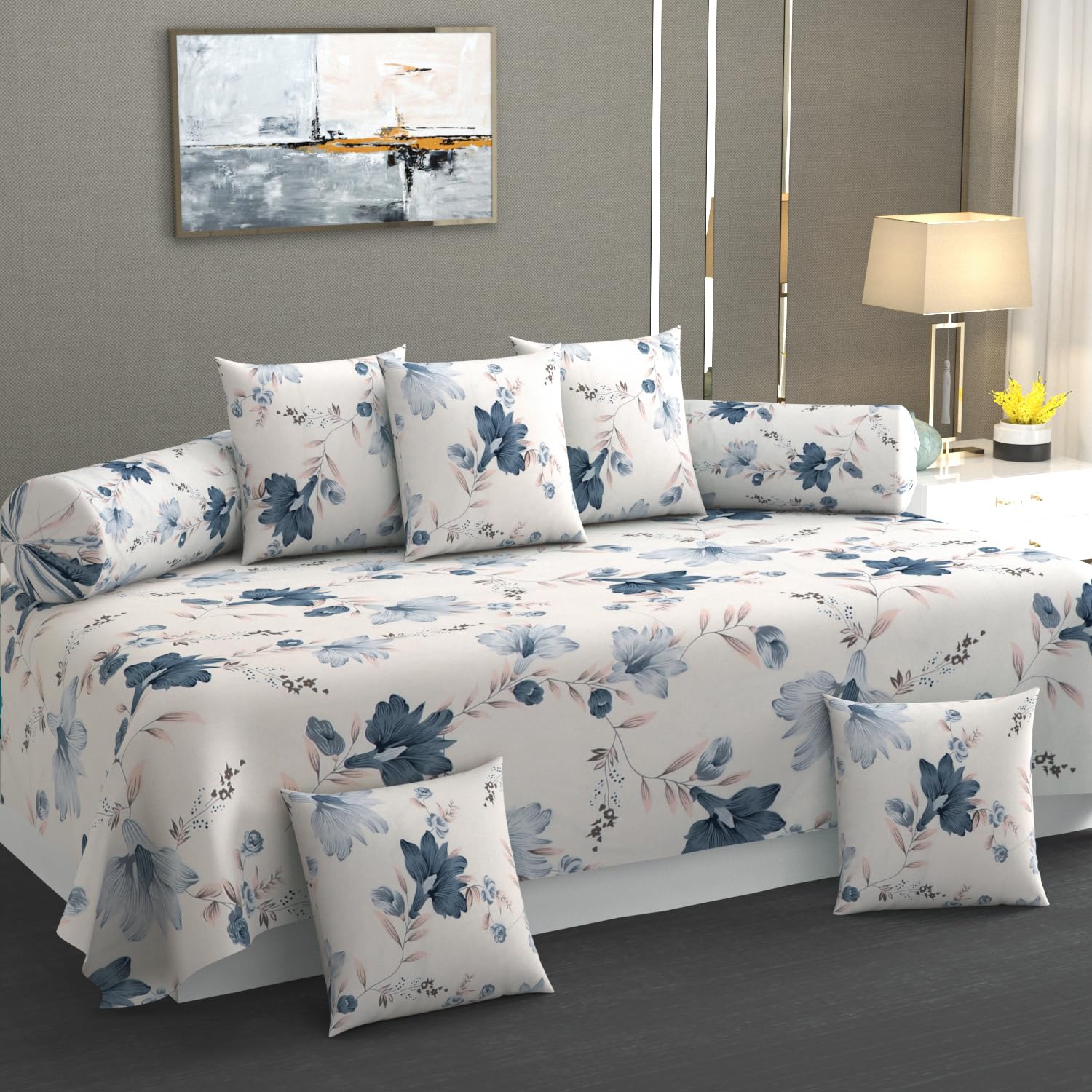 HIYANSHI HOME FURNISHING Premium Cotton Diwan Set 8 Pieces,1 Single bedsheet Size 60x90inch, 5 Cushions 16 x 16 inch Covers with Zip and 2 Bolster Covers (Design-3, 60'' X 90 Inches Flat)-image-34