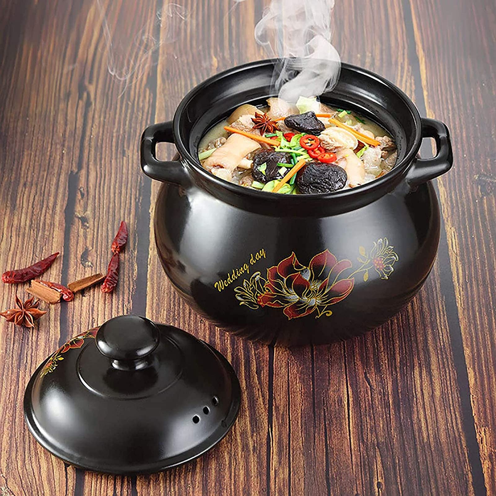 Plato De Cazuela Con Tapa, Pote De Cazuela De Cerámica, Pote De Stock, Cazuela, Olla De Barro Para Cocinar, Caja Fuerte, Olla De Piedra Hecha De Arcilla Natural, Artesanías Tradicionales,Negro,4L