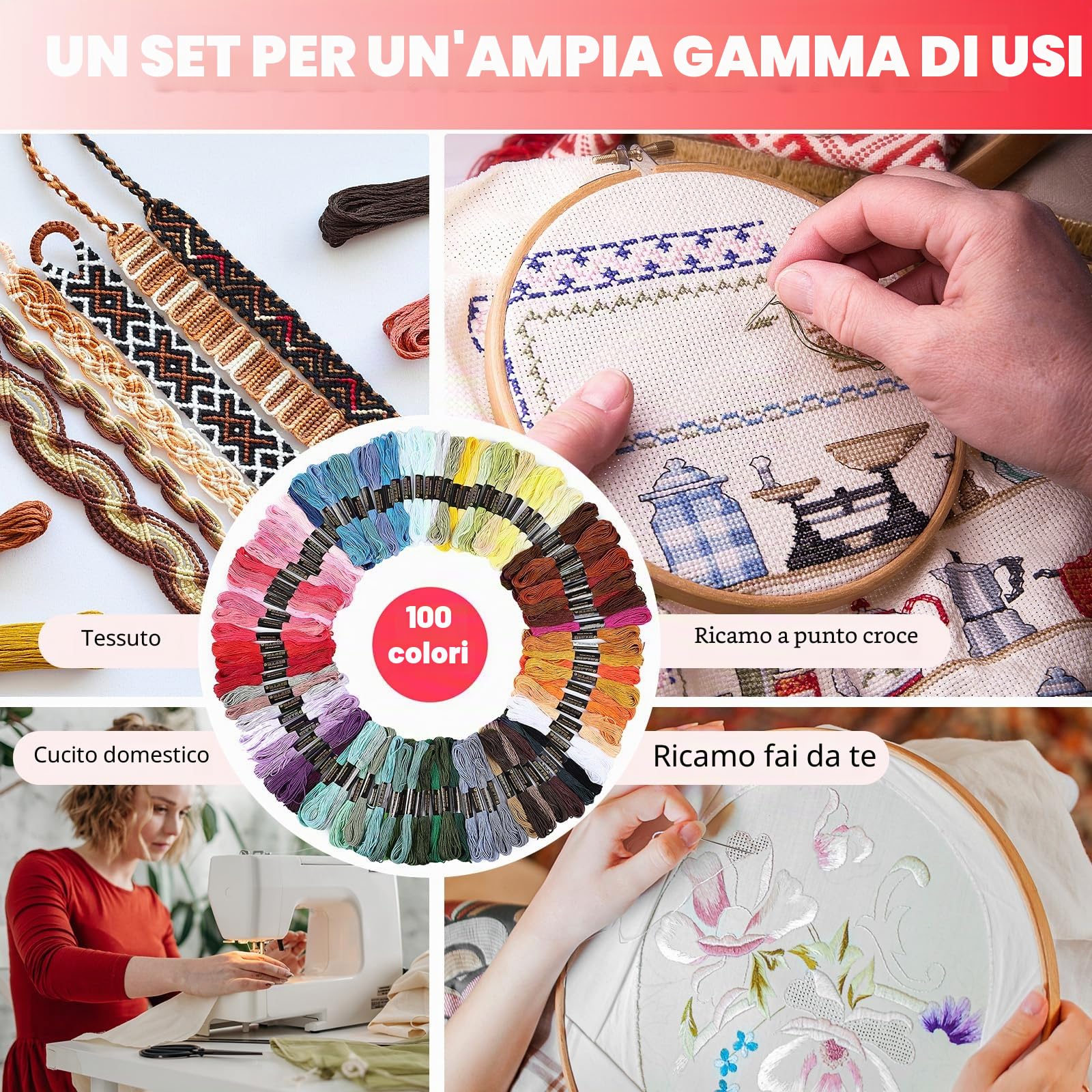 Romon Filo da Ricamo, Kit da Ricamare Braccialetti Kit Punto Croce con 5 Cerchi In Bambù, 100 Fili Colorati, 3 Pezzi di Tela Aida e Strumenti per il Cucito
