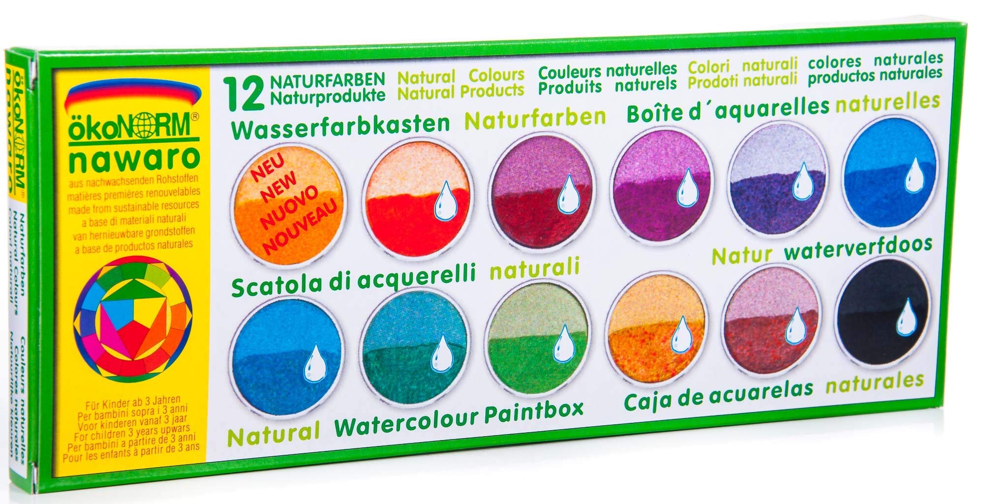 Aurich ökoNORM (Oekonorm) Nawaro - Caja de pintura de acuarela (tamaño completo, 12 tabletas en una caja de metal, variada, una
