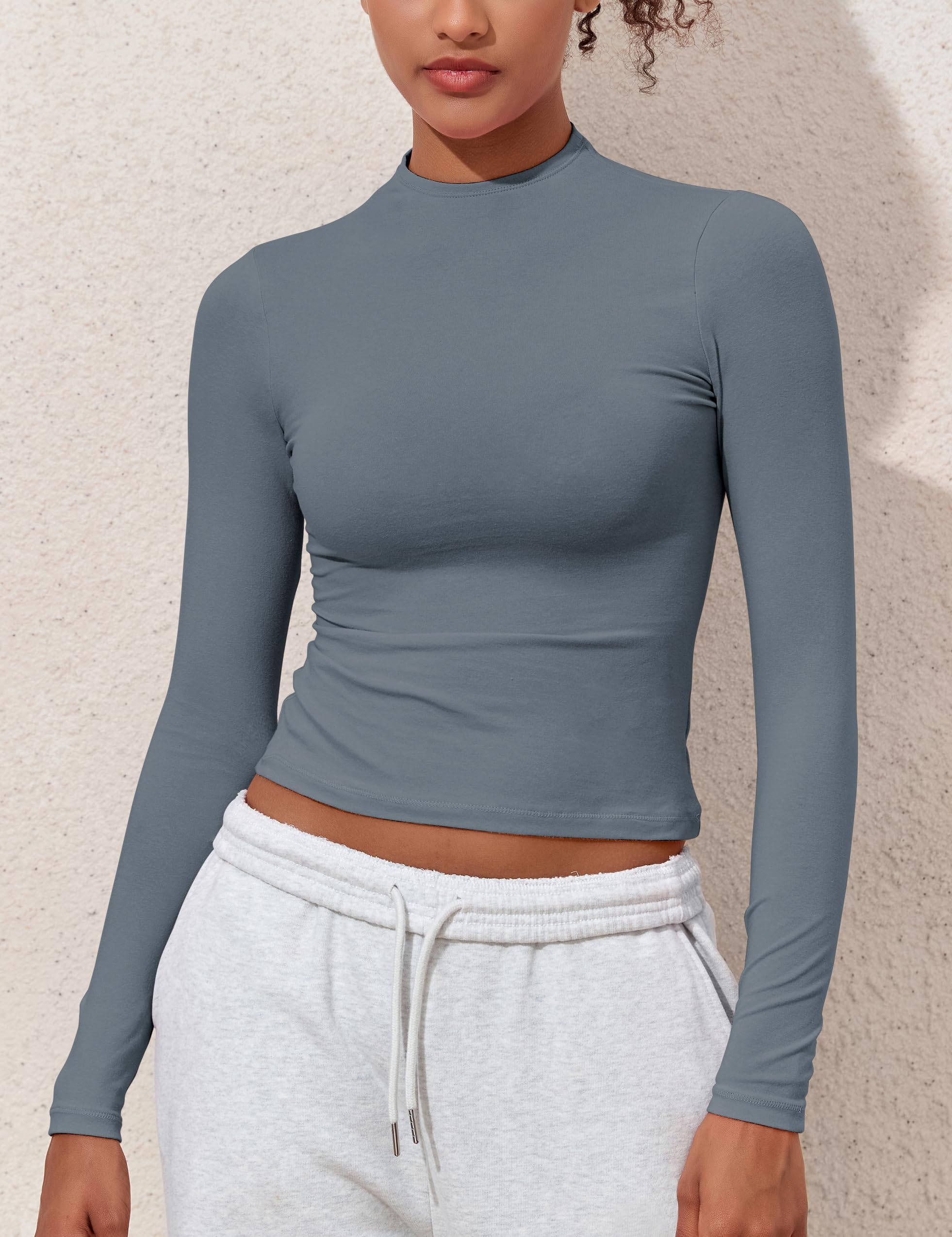 Hilor Camisetas de manga larga para mujer, básicas, de algodón, cuello alto, ajustadas, para salir, camisetas cortas Y2K