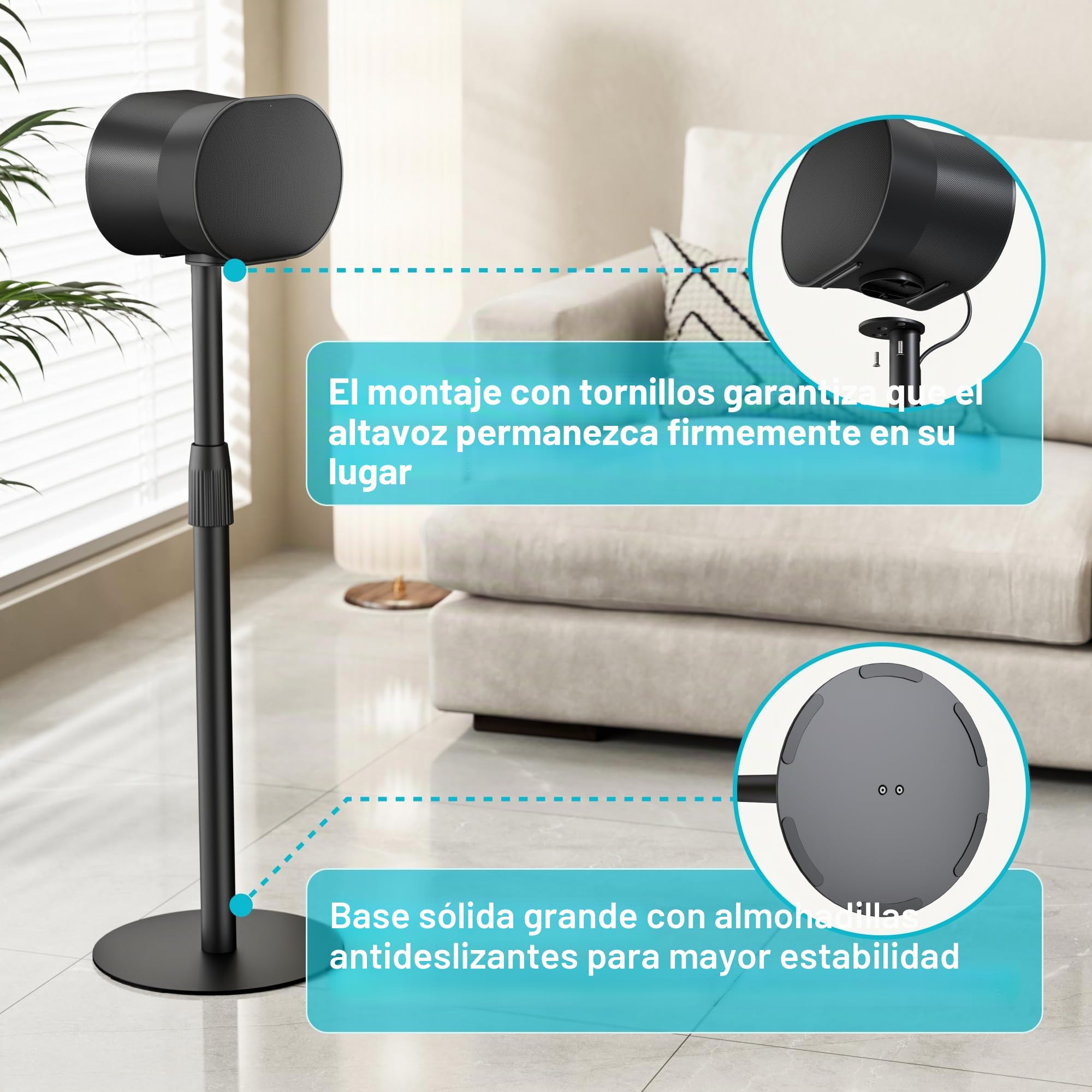 PEGZONE Soporte Altavoces para Sonos Era 100/300, 2 Unidades, Negro | Altura ajustable 68-106 cm, acero con gestión de cables, hasta 5 kg, base antideslizante Ø30 cm