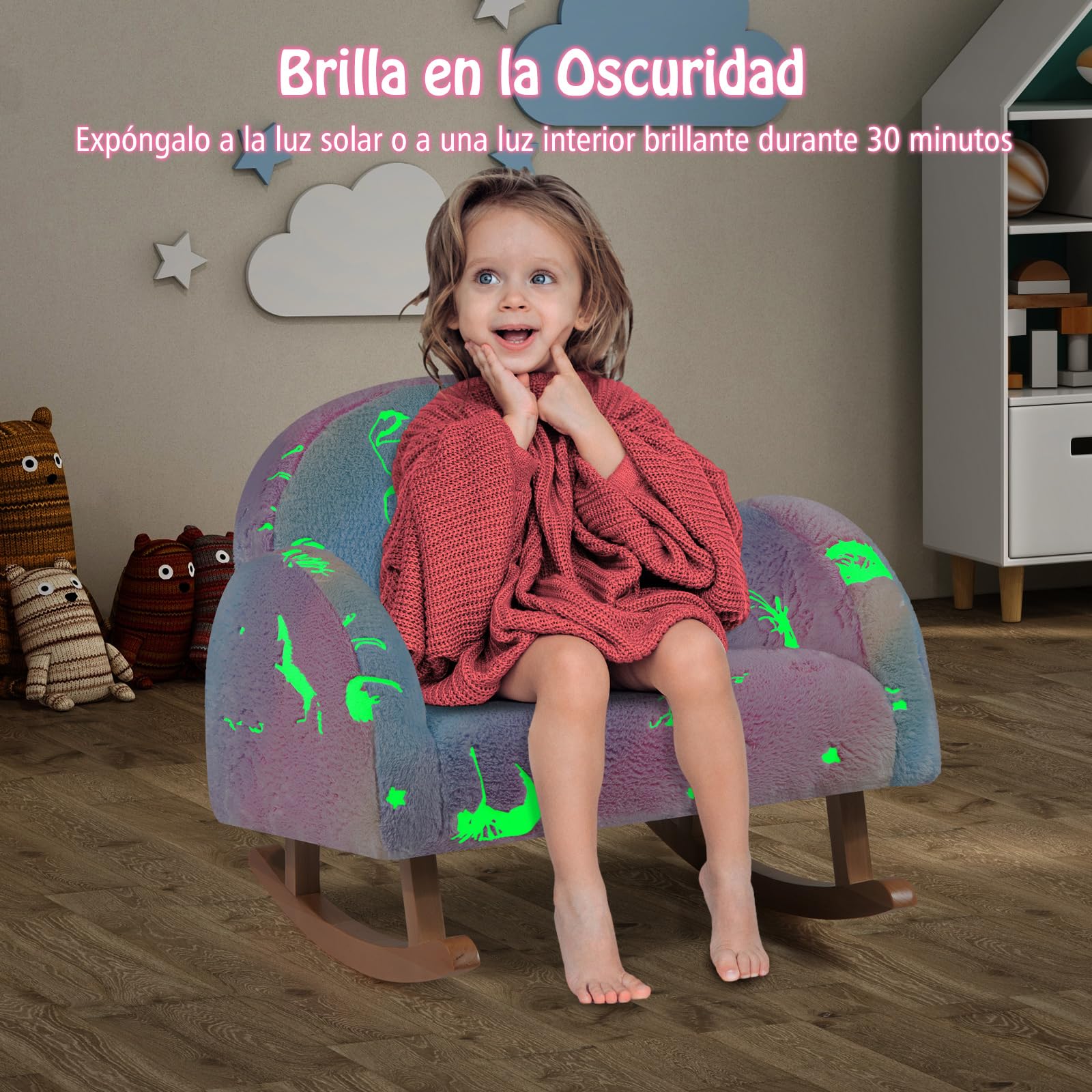 COSTWAY Silla Mecedora para Niños, Mecedora Infantil Acolchada de Franela con Patas de Madera de Álamo, Patrones Que Brillan en la Oscuridad, Respaldo Curvado, Sillón Cómodo para Dormitorio, Salon