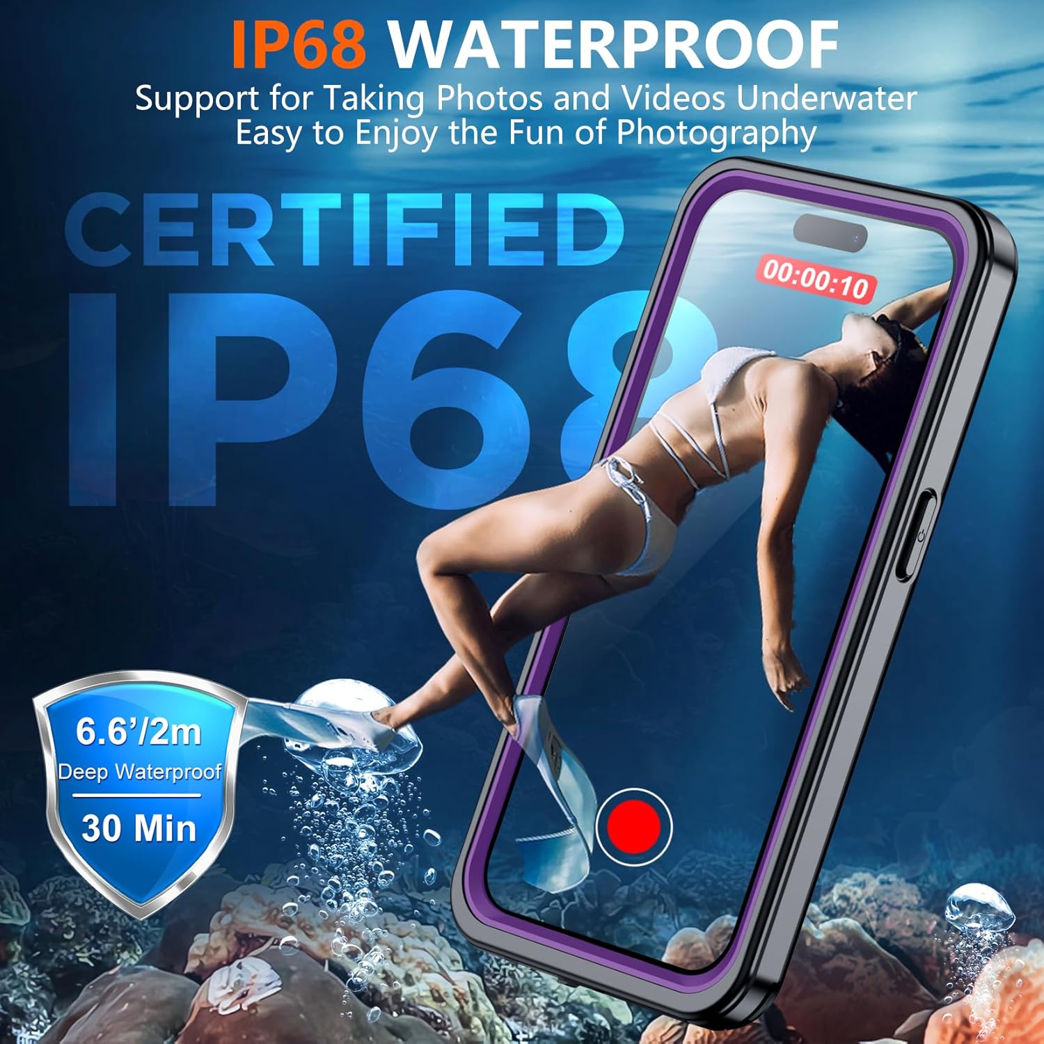 SPIDERCASE Magnetic for iPhone 15 Pro Case Waterproof,Built-in Screen & Camera Lens Protector[IP68 Underwater] [Military Grade Shockproof] Full Body Protection Phone Case,Purple/Clear
