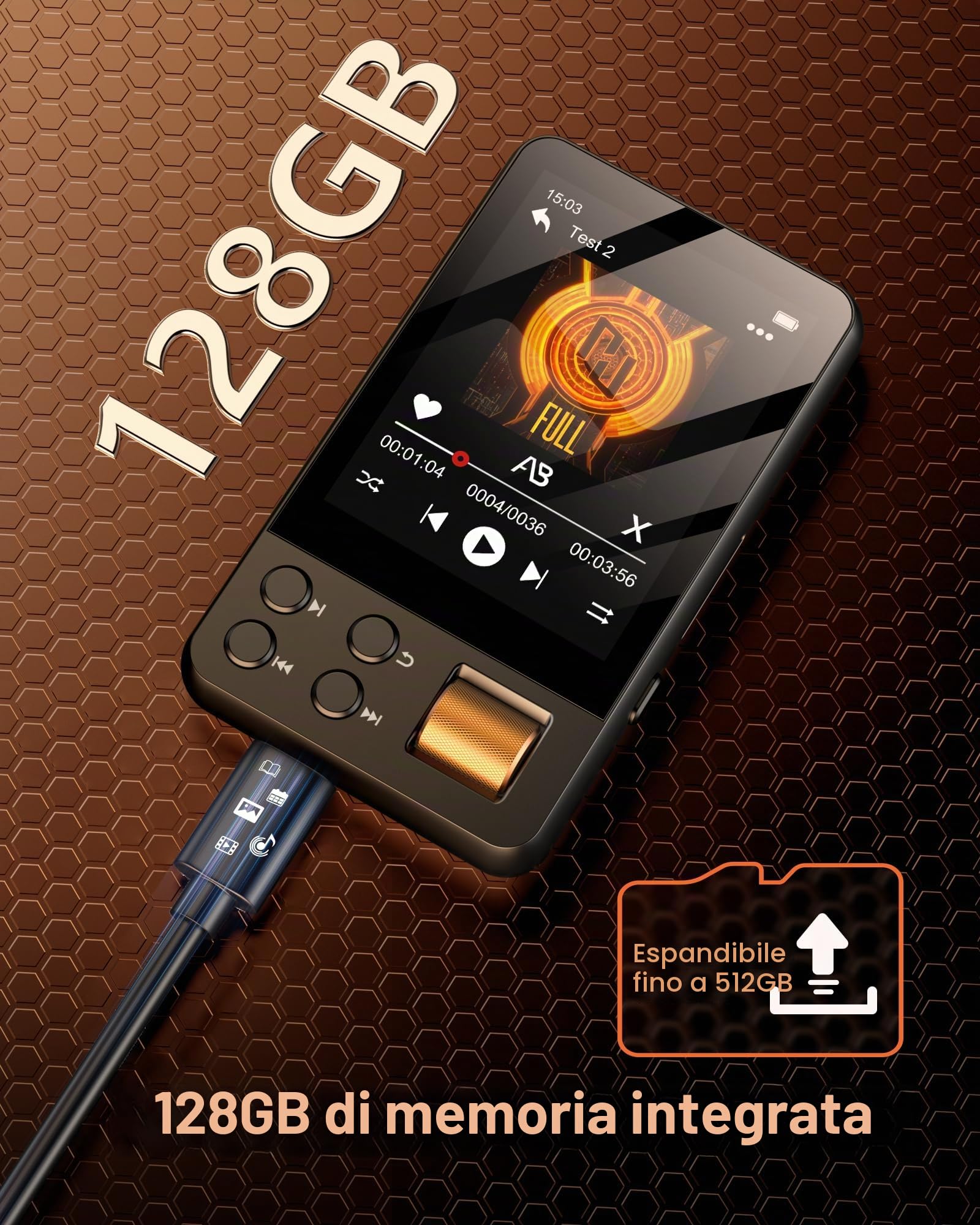 128GB Lettore MP3 Bluetooth, MP3 Lettore Musicale con Cuffie, Dittafono, Suono HiFi, Schermo a Colori da 2,4 Polliciideale per Sport, Nero