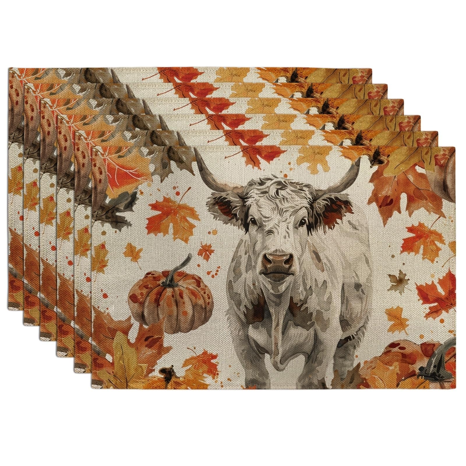 Autumn Farmhouse Cow Placemats, Orange Rustic Leaf Place mats for Dining Table, Non-Slip Washable Indoor Outdoor Party Decorative Placemat Set of 6