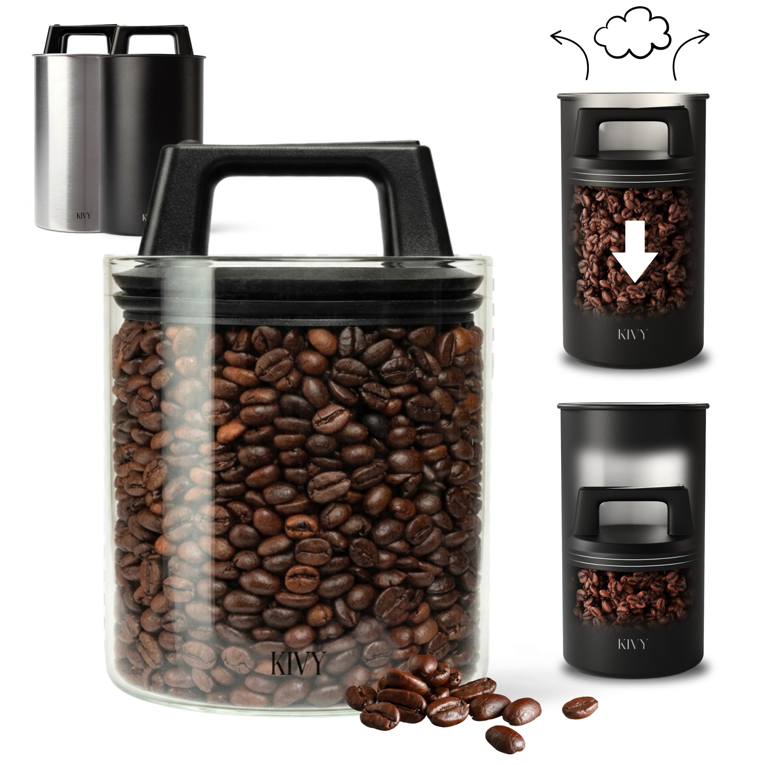 KIVY Vacuum Coffee Canister - Push Lid Preserves Coffee Aroma &amp; Oil - Glass