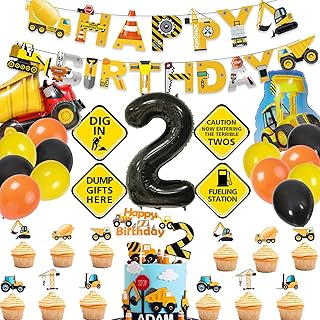 MATTTIME Construction 2nd Birthday Banner Cake Cupcake Topper Terrible Two Traffic Sign Cutouts Dump Truck Party Decoration 2 Years Old Supplies