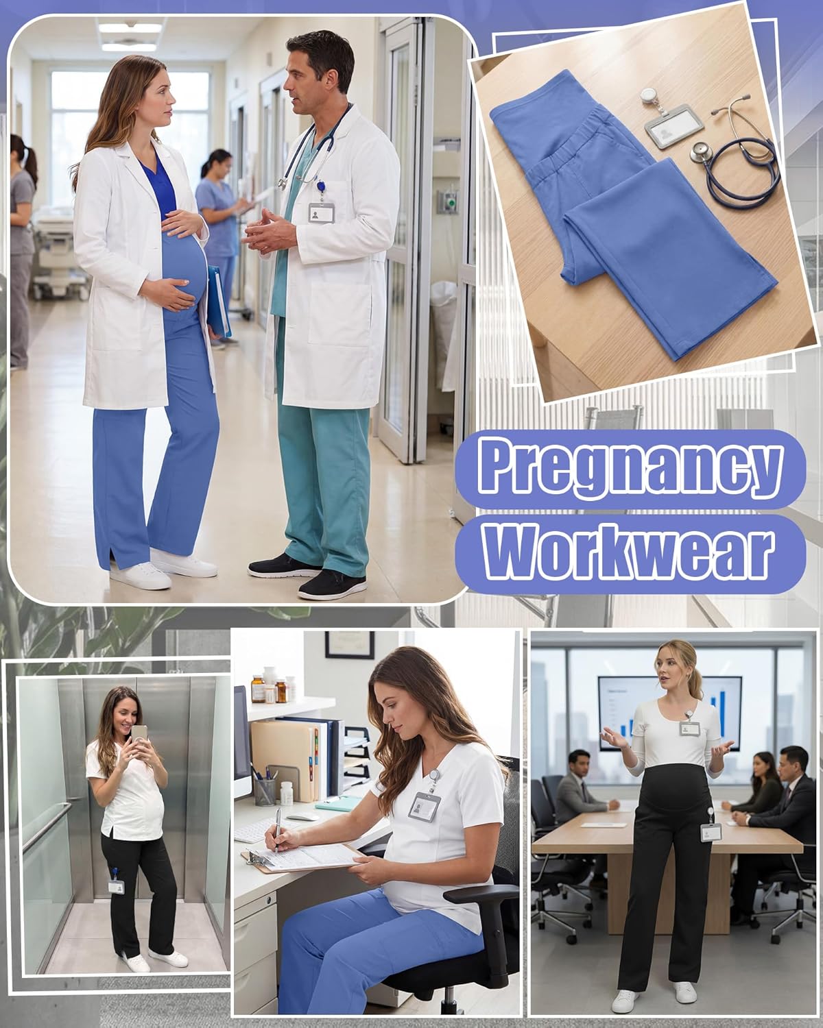 2 Pack Women's Maternity Scrub Pants with 6 Pockets Pregnancy Workwear Stretchy Straight Leg Cargo Nurse Pants