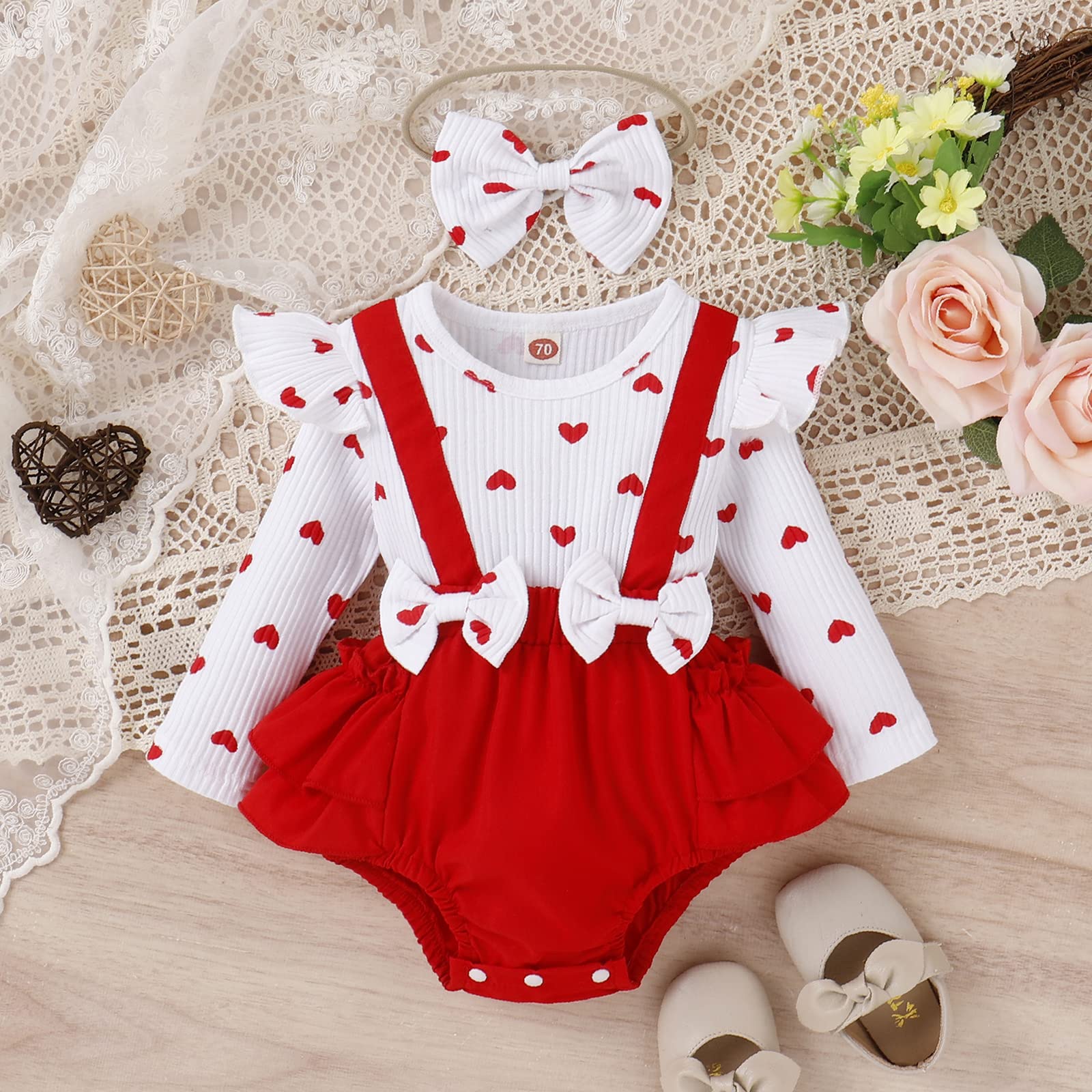 JLKGICF Infant Baby Girl Valentine 's Day Outfit Long Sleeve Top Love Heart Suspender Shorts Skirt Headband Clothes Set (Romper,0-3 Months)