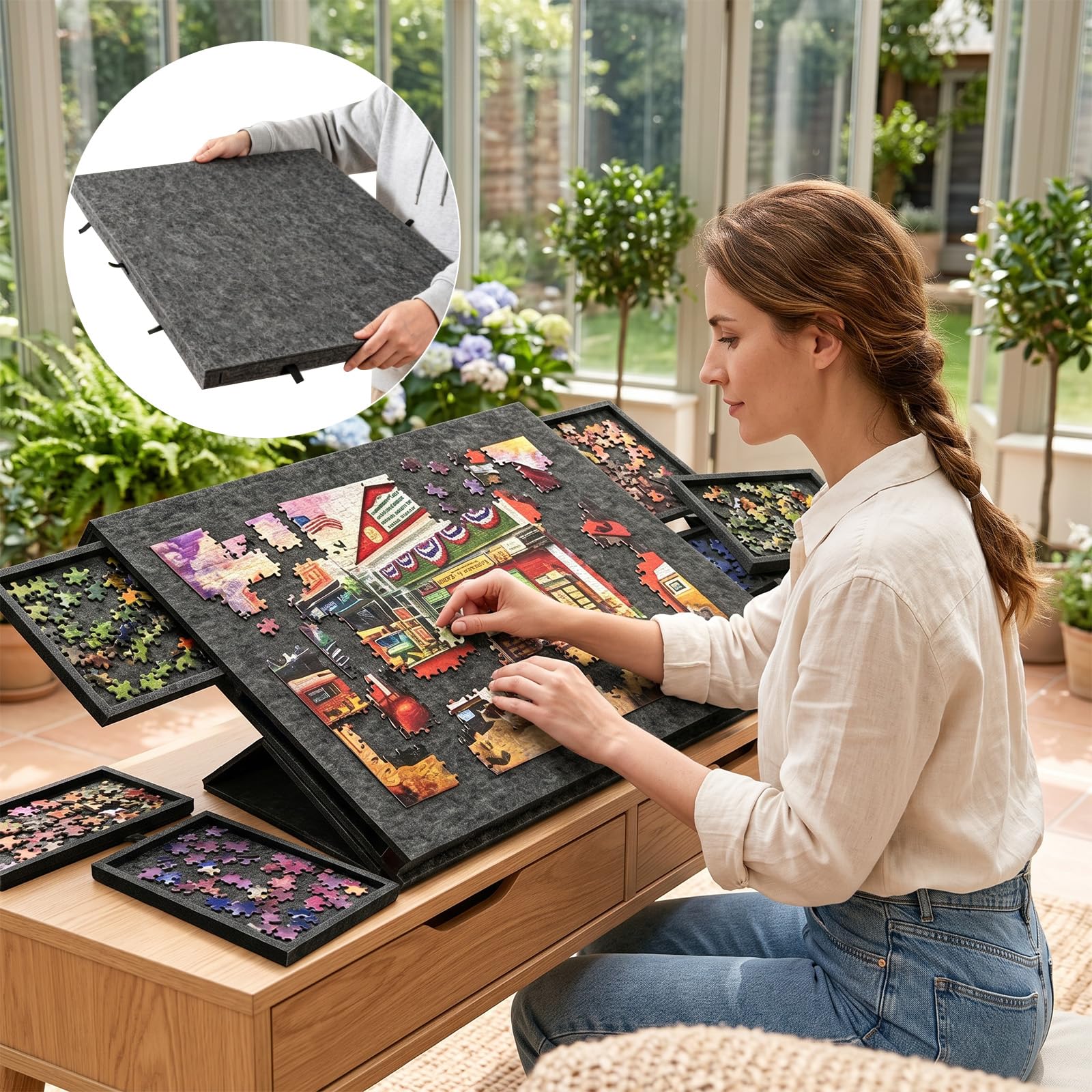 Stół do puzzli z 6 szufladami, 1000 elementów, stół puzzli 2 w 1 ze stojakiem i pokrywą (czarny)
