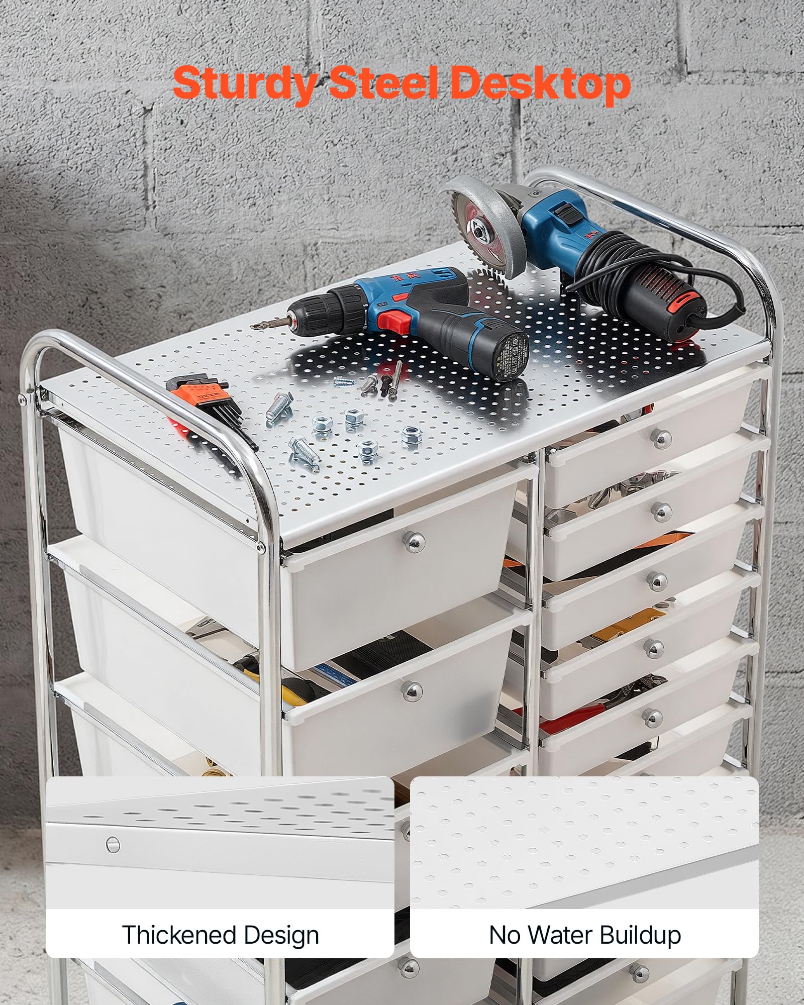 VEVOR Carrello Multiuso con Cassetti Organizer a Doppia Fila con 15Cassetti, Carrello Portaoggetti, Telaio in Acciaio Cromato, Ruote Girevoli a 360° con 2 Freni, Ideale per Ufficio, Garage e Studio