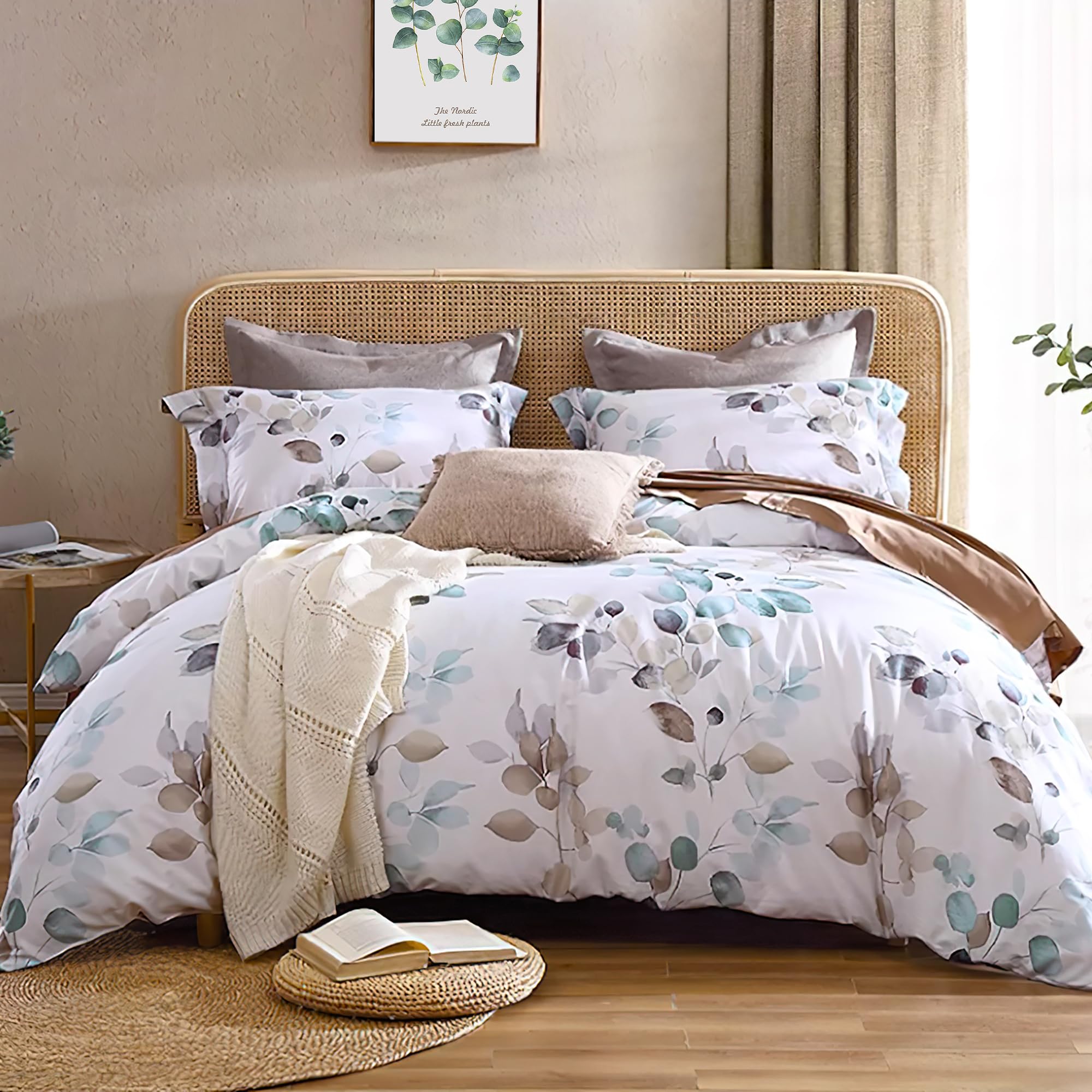 Sanracie Cotton King Size Comforter Set, Floral Bedding Comforter Set, 3pcs Gradient Teal Leaves Botanical Pattern King Bedding Sets, Lightweight Ultra Soft Fluffy Bed Farmhouse Comforter