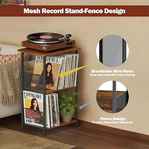 Miniatura 7 de Soporte para tocadiscos, soporte para discos de vinilo de 3 niveles, soporte giratorio con 2 separadores y 4 pies ajustables, mesa para tocadiscos