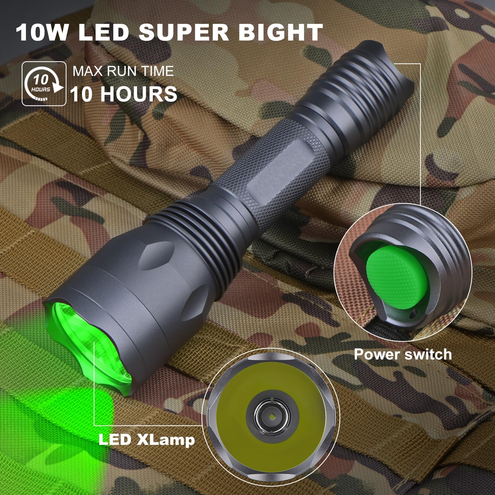 TC10 Kit de lampe de chasse, lumières vertes jusqu'à 1200 m, lampe de chasse haute puissance pour coyote, prédateur, Varmint, Coon & Hog - Éclairage 1600 lumens 1200 m