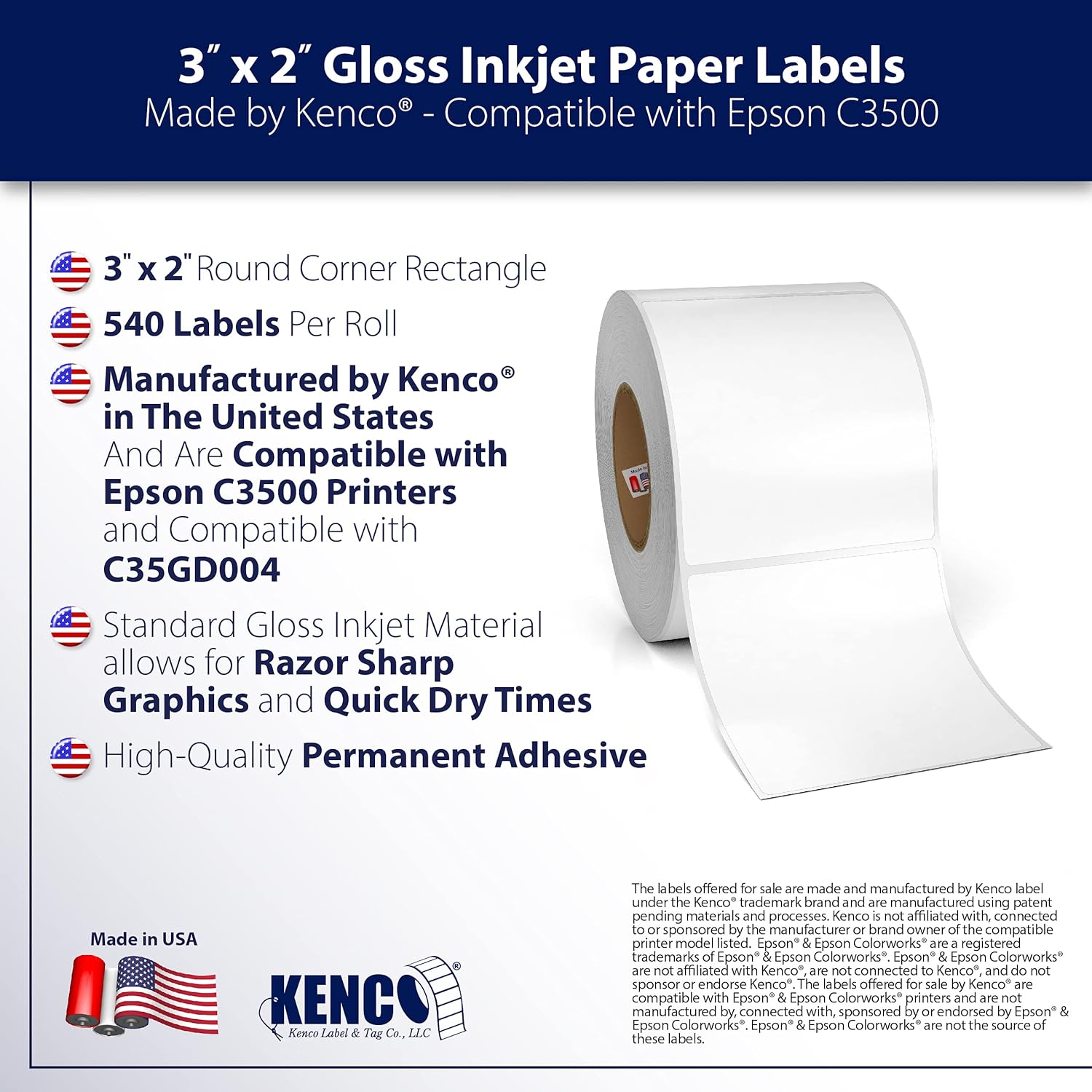 Kenco 3" X 2" Premium Inkjet Gloss Paper Labels, 540 Labels Per Roll - Compatible with Epson ColorWorks 3500 Series, Compatible with Epson C35GD004 Made by Kenco in the USA (1)
