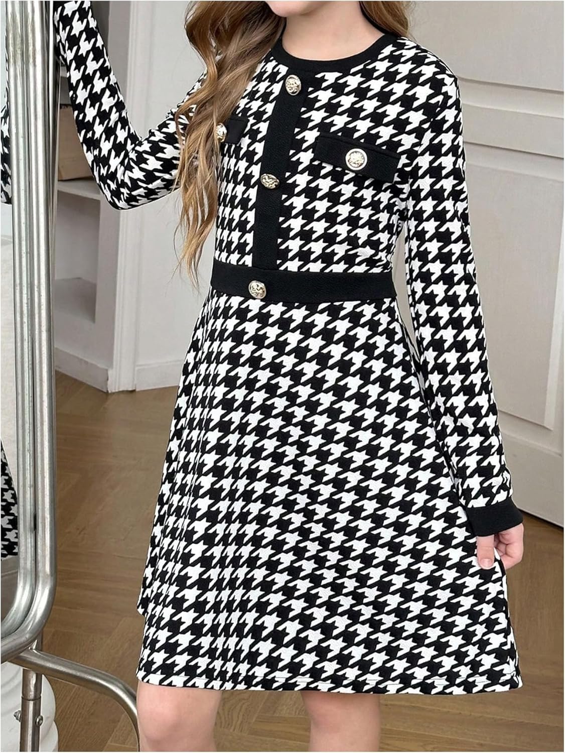 SweatyRocks Girl's Houndstooth Print A Line Dress Crewneck Long Sleeve Button Front Short Dresses - Image 6