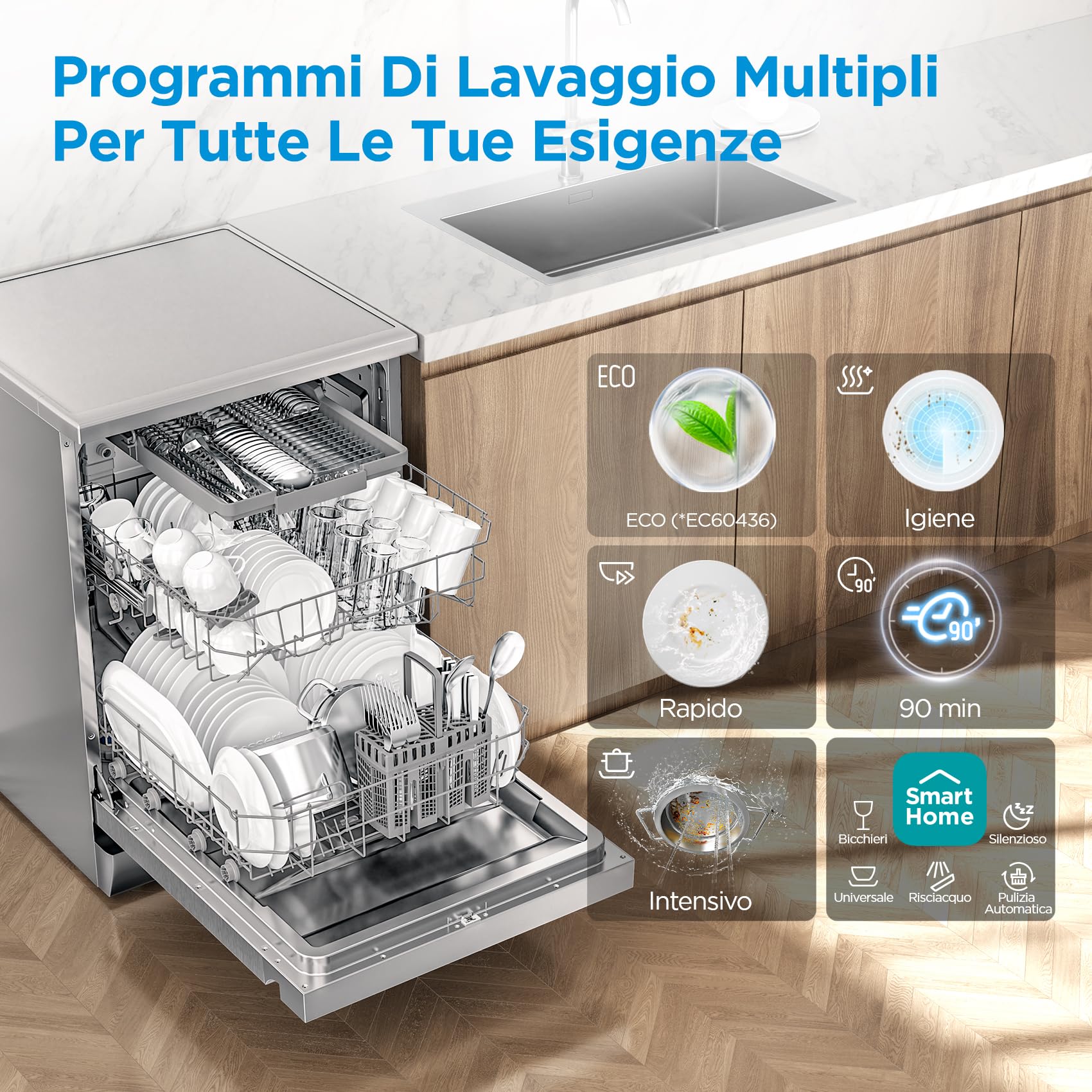 Midea MDWPF1433CSS-W-EU Lavastoviglie a libera installazione con 14 coperti, 10 programmi, WiFi, Funzione Igiene, Apertura automatica, Partenza ritardata, Asciugatura automatica – Inox