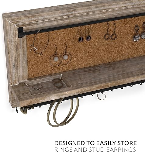 Miniatura 6 de Barnyard Designs Organizador de joyas colgante para montar en la pared, aretes, collar y pulsera con estante para anillos, estante de almacenamiento