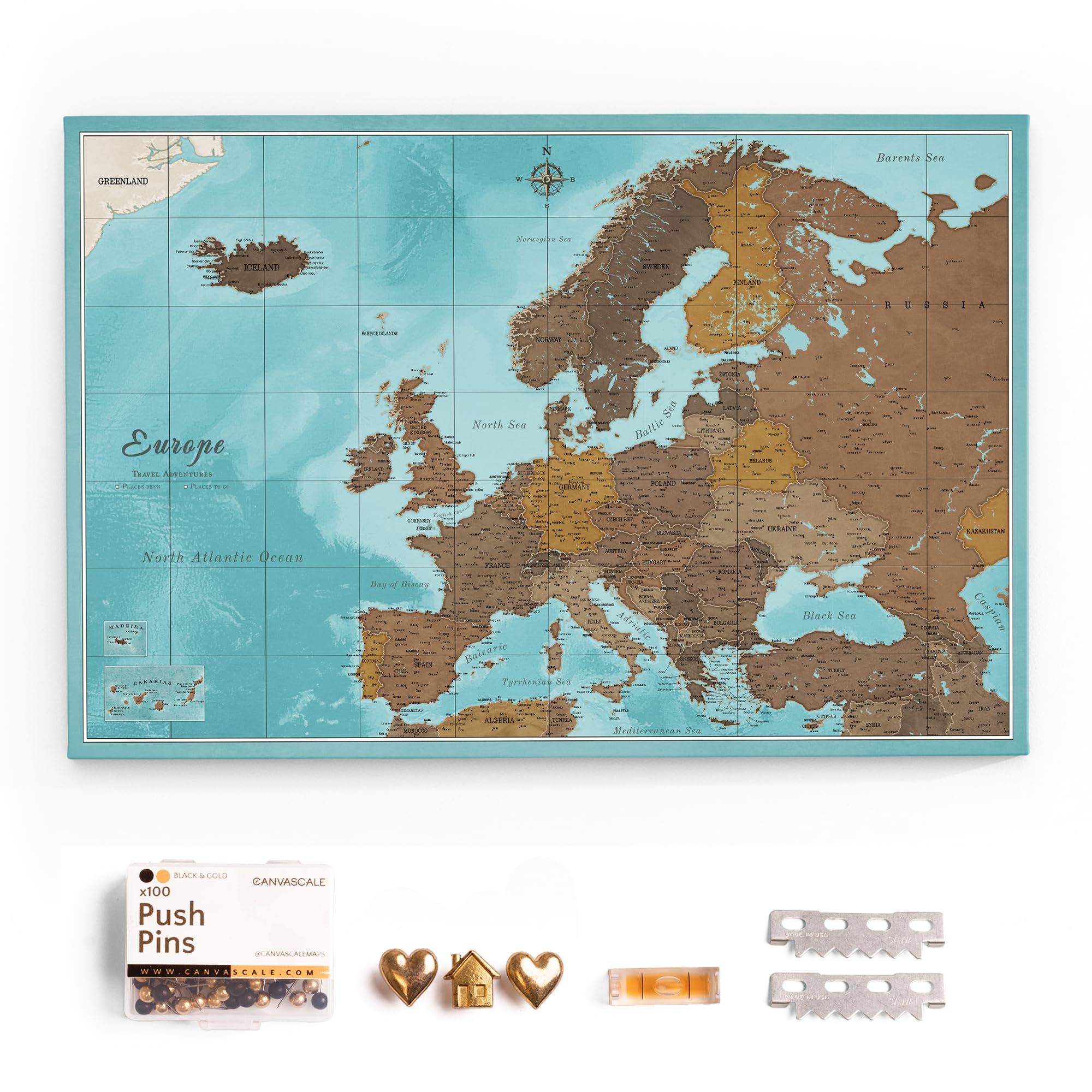 Canvas Europe Map with Cork Pin Board - Decorative Wall Decoration for All Rooms - Canvas Pictures with Europe Map Motif (120x80 cm, Pattern 10)