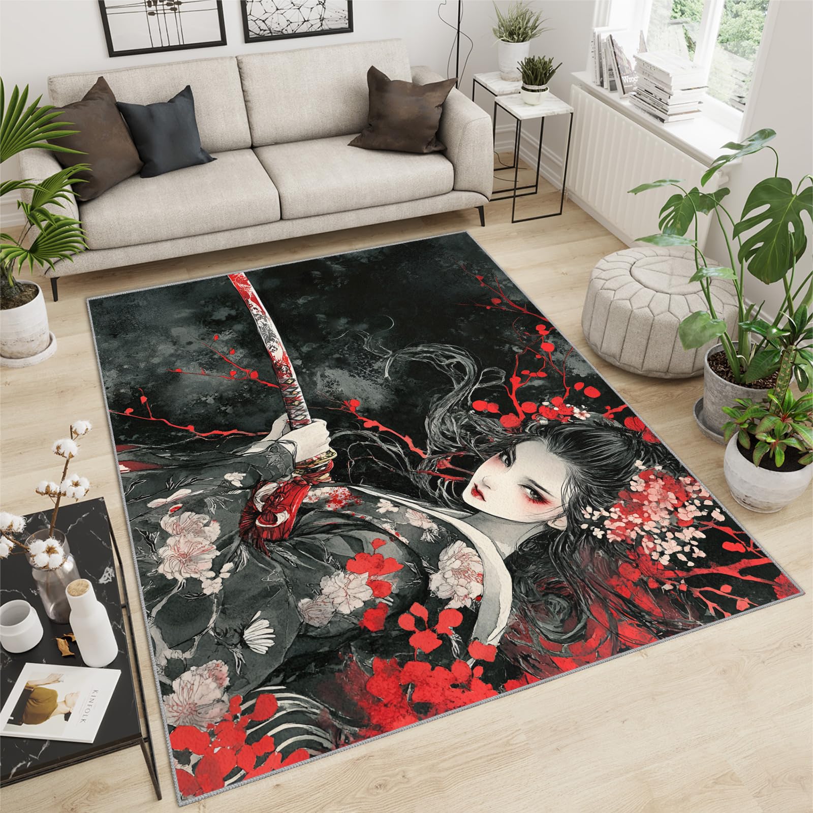 SANSJI Japanese Rugs for Living Room - Japanese Geisha Rug, Red and Black Rugs for Living Room Bedroom, Washable Non Slip Soft Large Carpet, Traditional Girl Area Rugs & Home Decor 170x240 cm