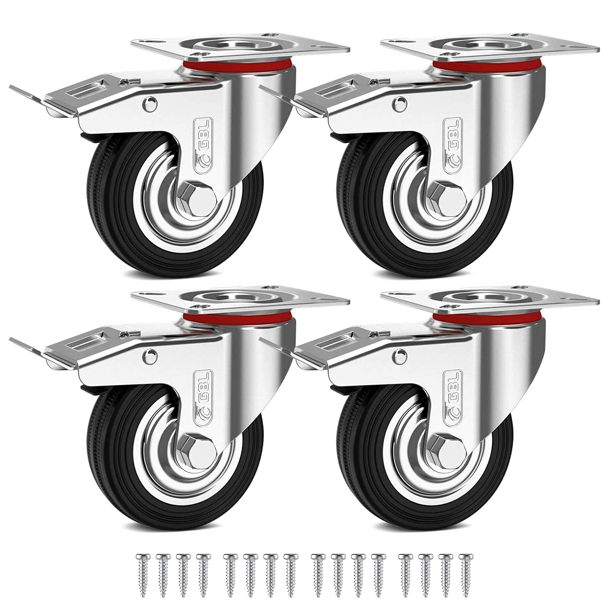 GBL Roulettes Pivotantes Robustes avec 4 Freins + Vis - 75 mm jusqu'à 200 kg - Lot de 4 Roulettes Silencieuses pour Meuble - Argent
