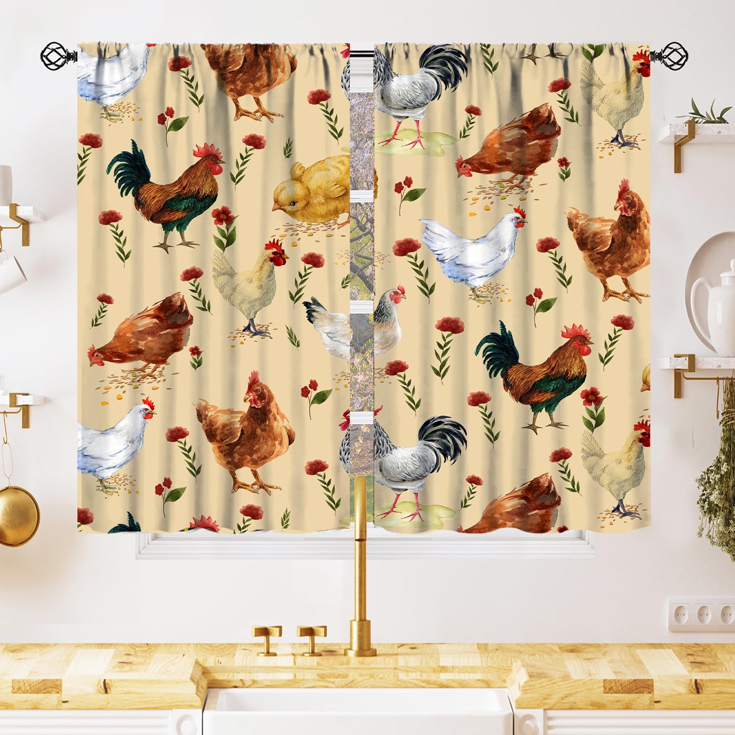 ShiTingYu Rooster Rustic Kitchen Curtains Farm Watercolor Floral Painting Chicken Pattern Printing Window Treatments for Kitchen Drapes 42x45 Inch