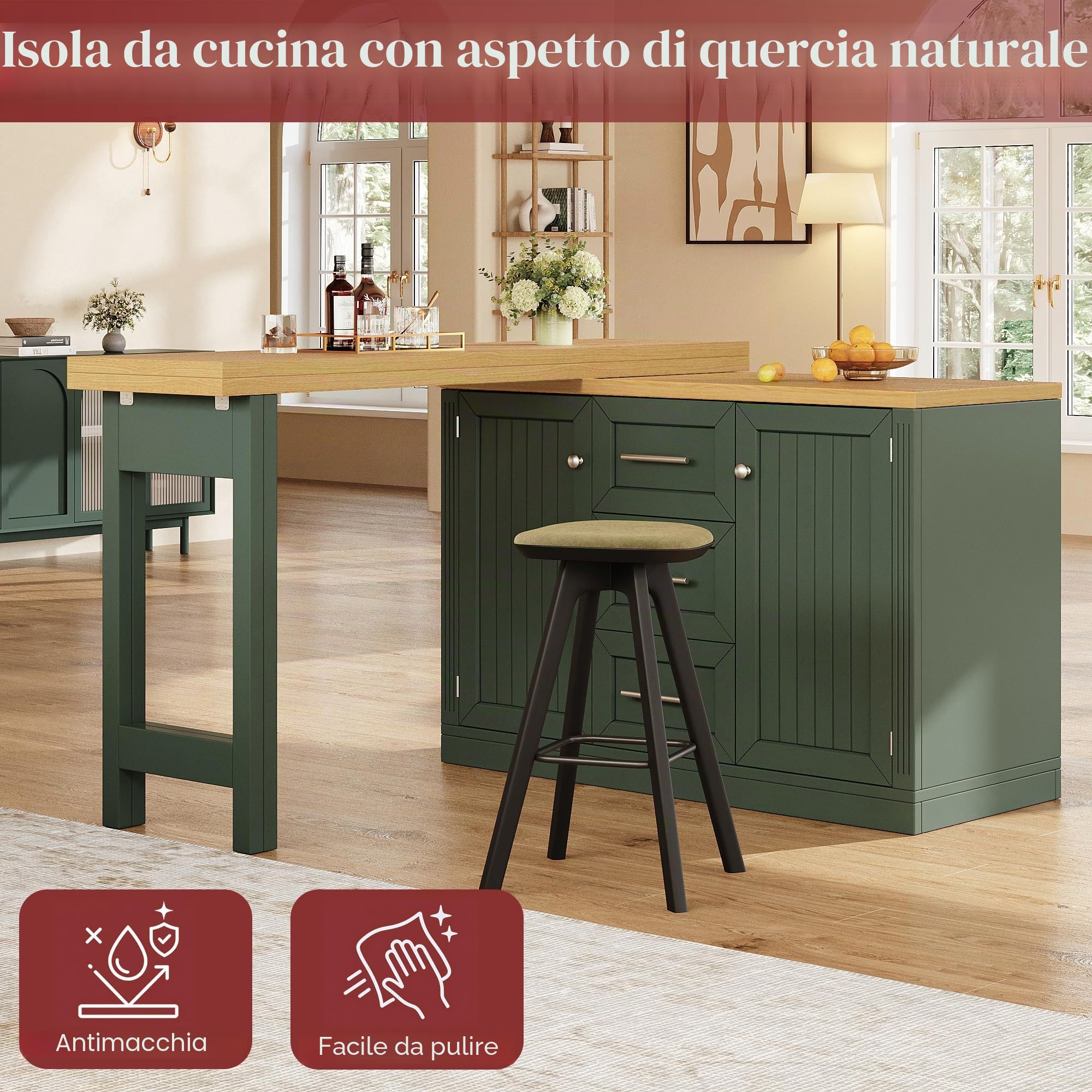 Tavolo da bar allungabile con spazio di archiviazione, tavolino da cucina girevole a 360° con piano regolabile, con 3 cassetti e 2 ante, per cucina, soggiorno, sala da pranzo, 120-197×40×74