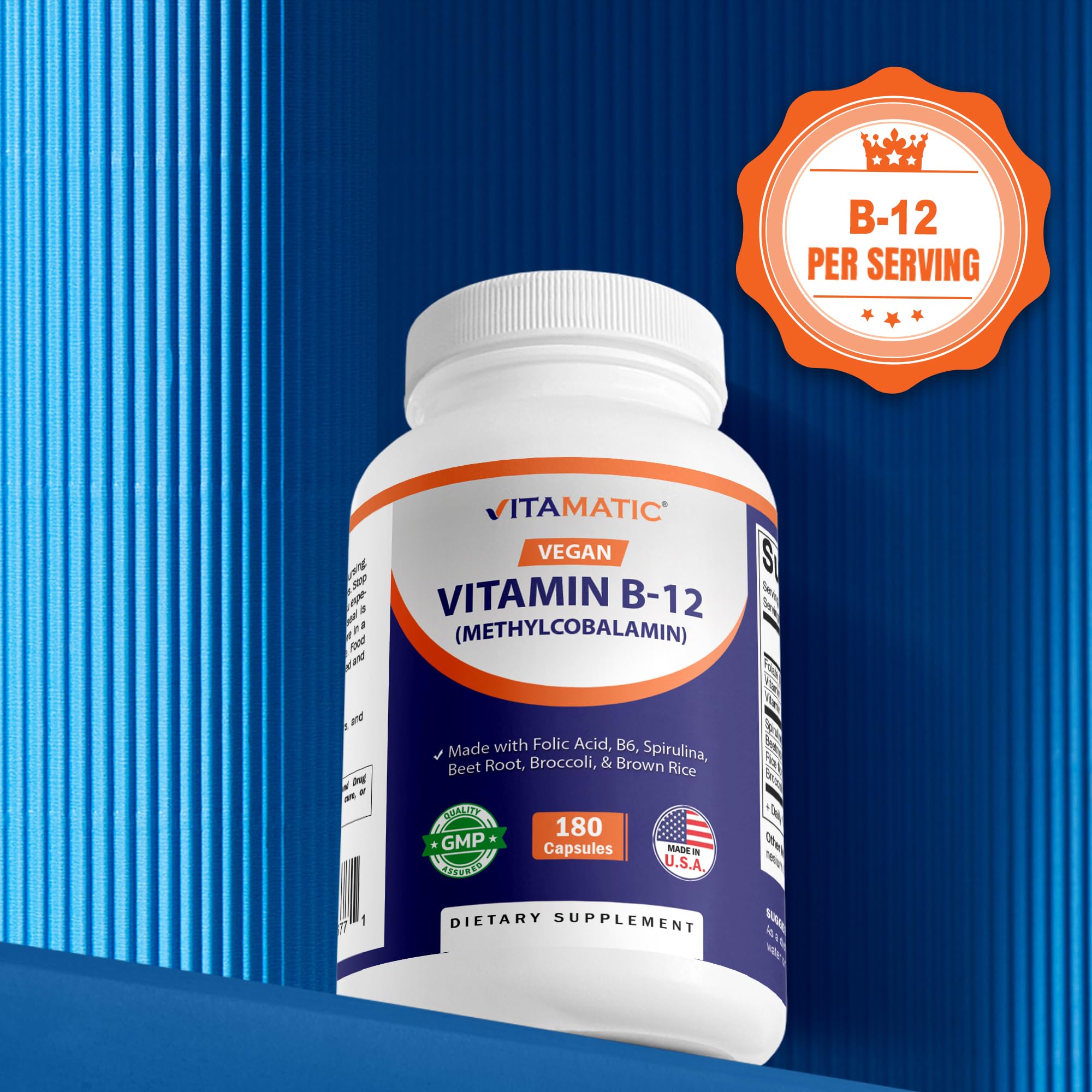 Vitamatic Vegan B12 1000 mcg - Methyl B12 with Folic Acid, Vitamin B6, Spirulina, Beet Root, Broccoli & Brown Rice - Supports Healthy Mood, Energy, Heart & Eye Health - 180 Capsules — Amazon image 5