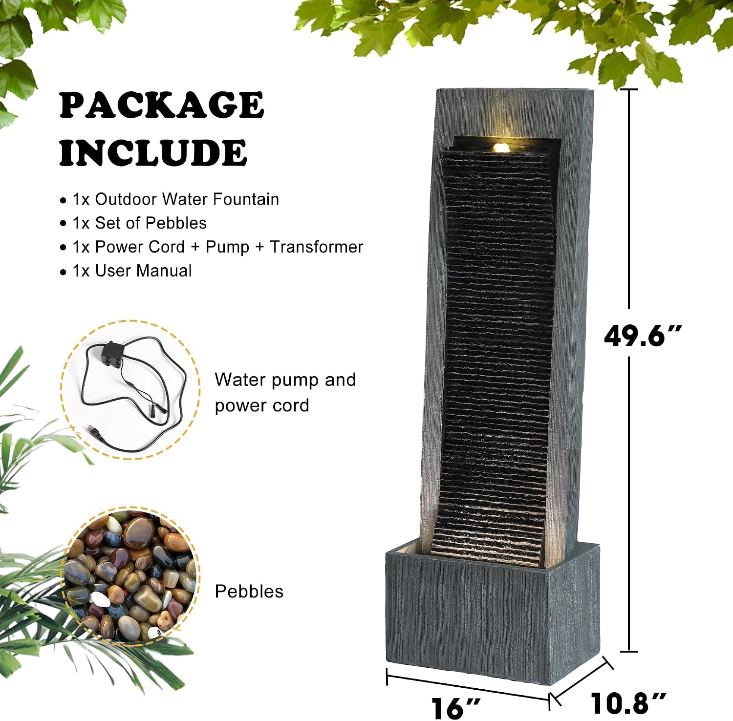 MAGIC UNION Water Fountain Outdoor Garden - Indoor Modern Water Fountain Freestanding Fountains, 49.6" H Contemporary Curves Garden Fountains with LED Lights, Pump and Natural Stones for Garden, Patio