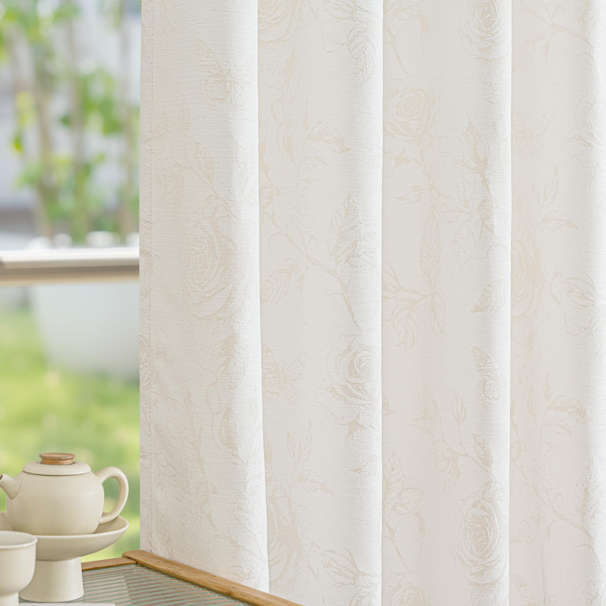 FMFUNCTEX Beige Floral Jacquard Curtains for Bedroom, Rose Flower Patterned Curtains 96 Inches Long Light Filtering Drapes for Living Room, Double Sided Design Drapes Grommet Top 2 Panles