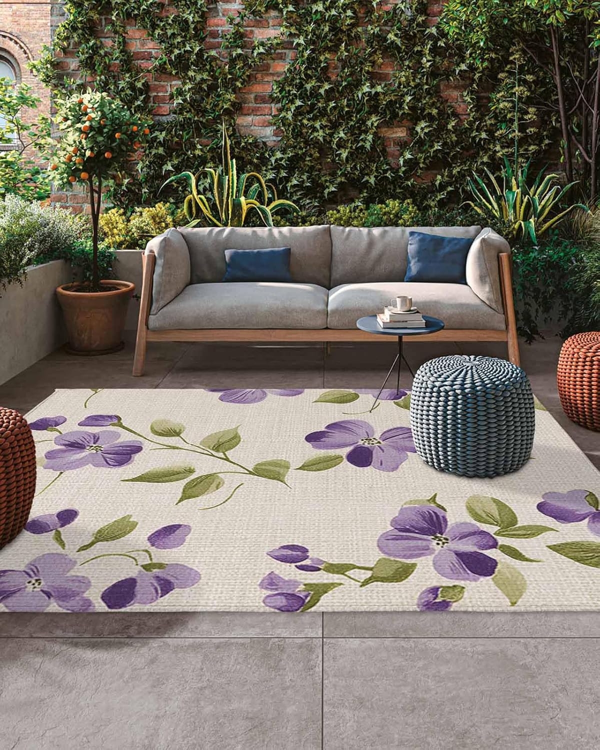 Outdoor Rug 4x6 ft Purple Flower Outdoor Large Area Rug Non Slip Rubber Pastoral Spring Washable Front Door Mat RV Rug Camping Carpet Patio Outdoor Rugs for Backyard Balcony Deck Porch Indoor