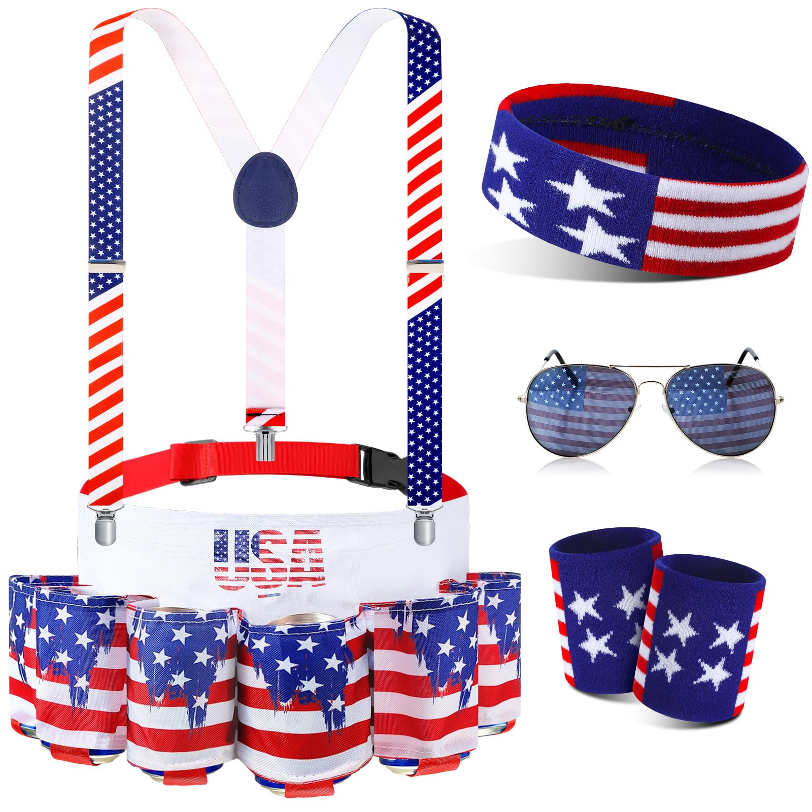 Mepase 5 Pcs 4th of July USA Beverage Beer Belt Set 250th Anniversary Belt Fanny Pack Drink Holder American Flag Outfit for Man Patriotic Independence