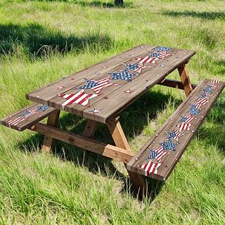 Picnic Table Cover with Bench Covers 3PCS, 4th of July Independence Day Vintage Blue Red Star Picnic Tablecloth with Elastic Edge, Waterproof Outdoor Backyard Patio Table Covers 30X72 Inch