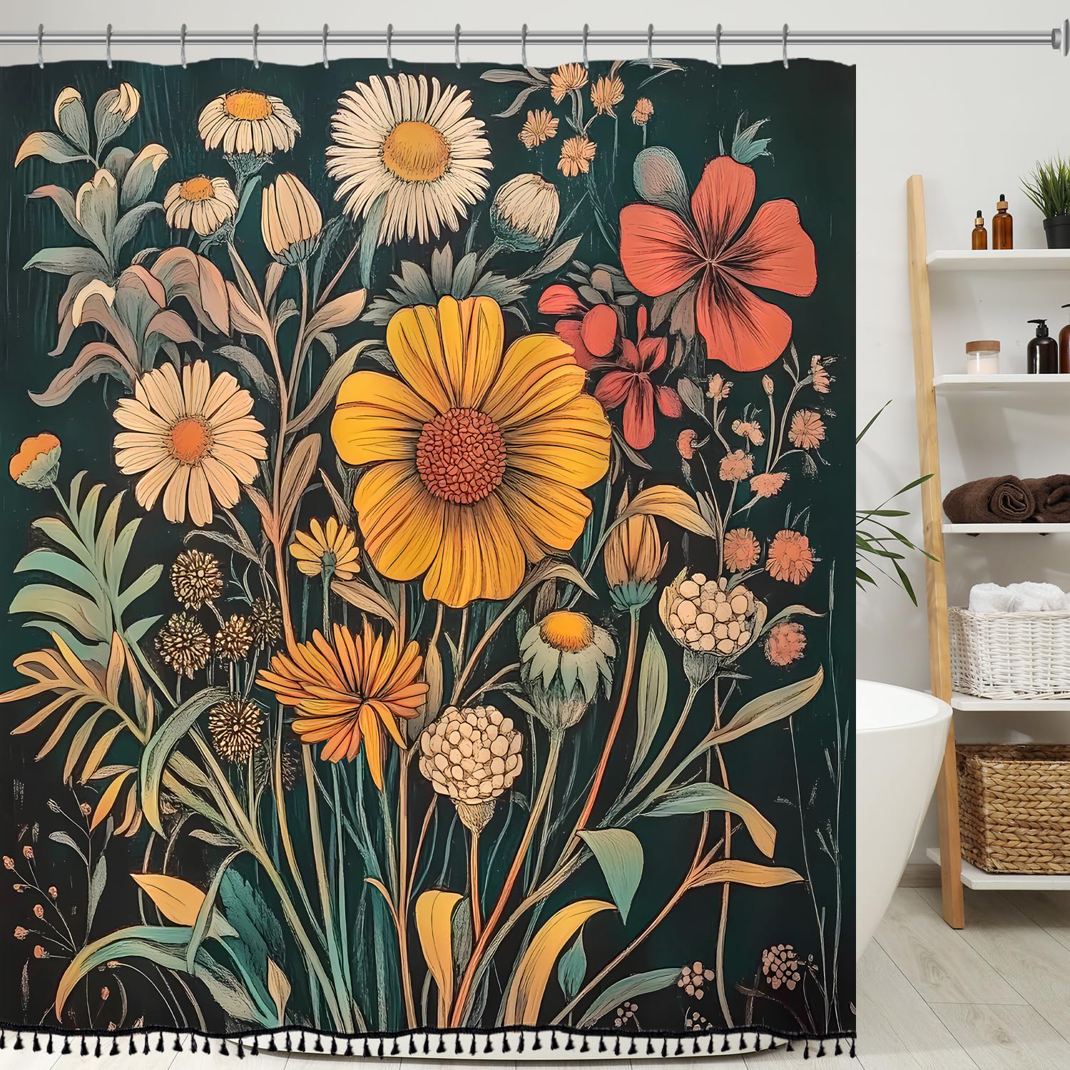 Boho Floral Shower Curtain with Tassels, Vintage Flower Farmhouse Tassel Shower Curtain for Bathroom 72x72 Inch Waterproof Fabric Set with 12 Hooks