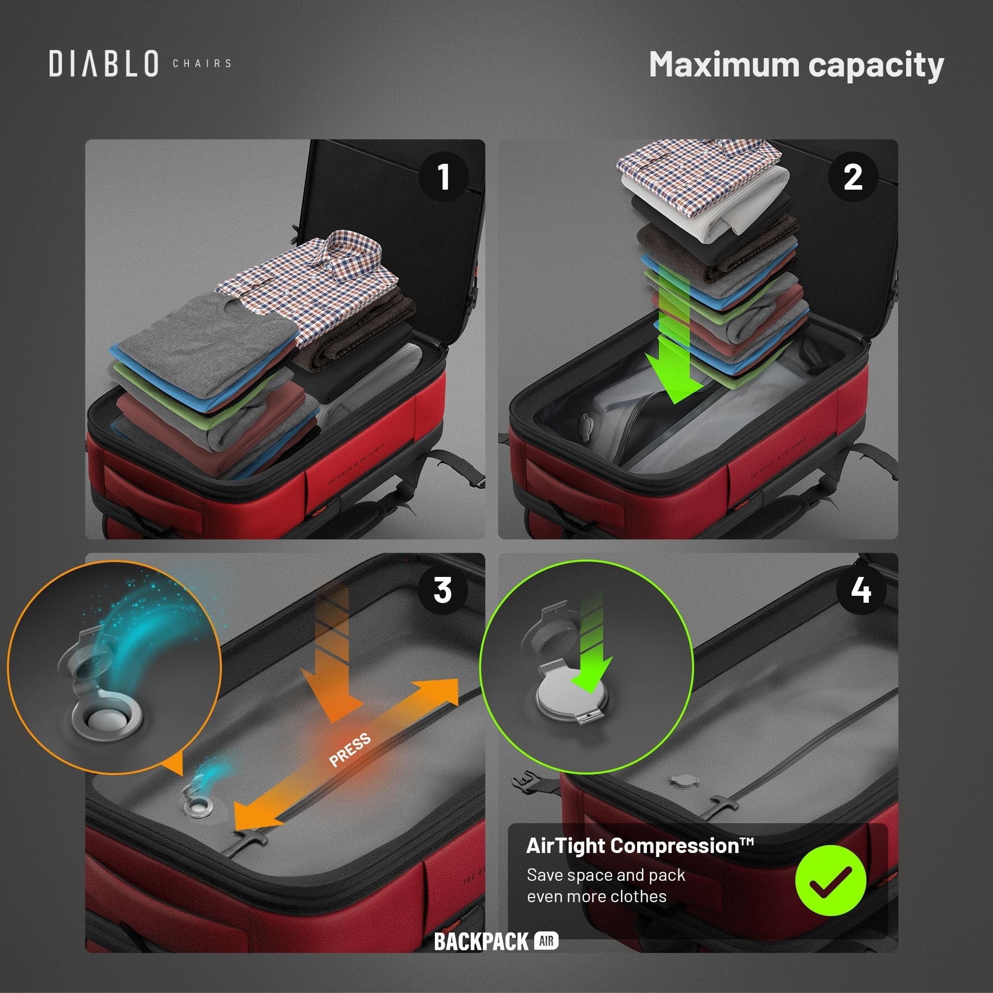 Diablo Chairs Plecak Próżniowy Backpack Air Wodoodporny Plecak Podróżny z Komorą Próżniową Rozszerzającą Pojemność Antywłamaniowy Zamek Kieszeń na Laptopa 32x52x18 cm Czerwony