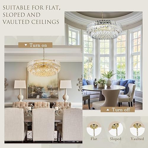 Miniatura 3 de Aheylity Candelabro de cristal dorado moderno lámparas de techo colgantes para comedores sala de estar entrada gota de lluvia colgante redondo 3937