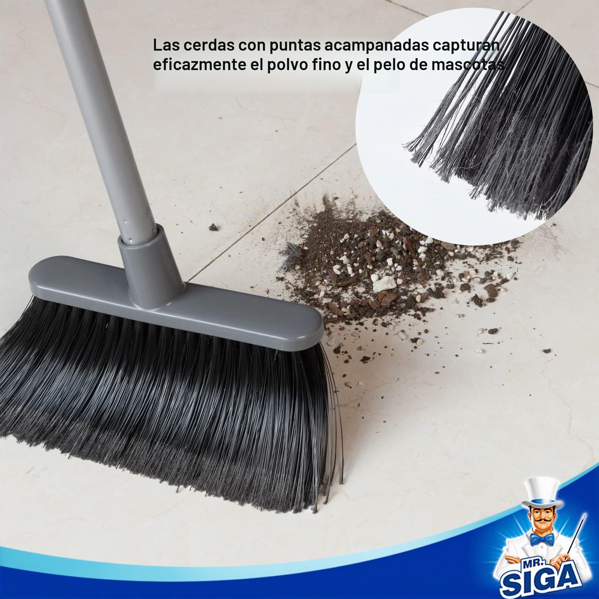 MR.SIGA Juego de Escoba y recogedor de Mango Largo, Combo de barredora Vertical y recogedor para Limpieza de Pisos, Gris