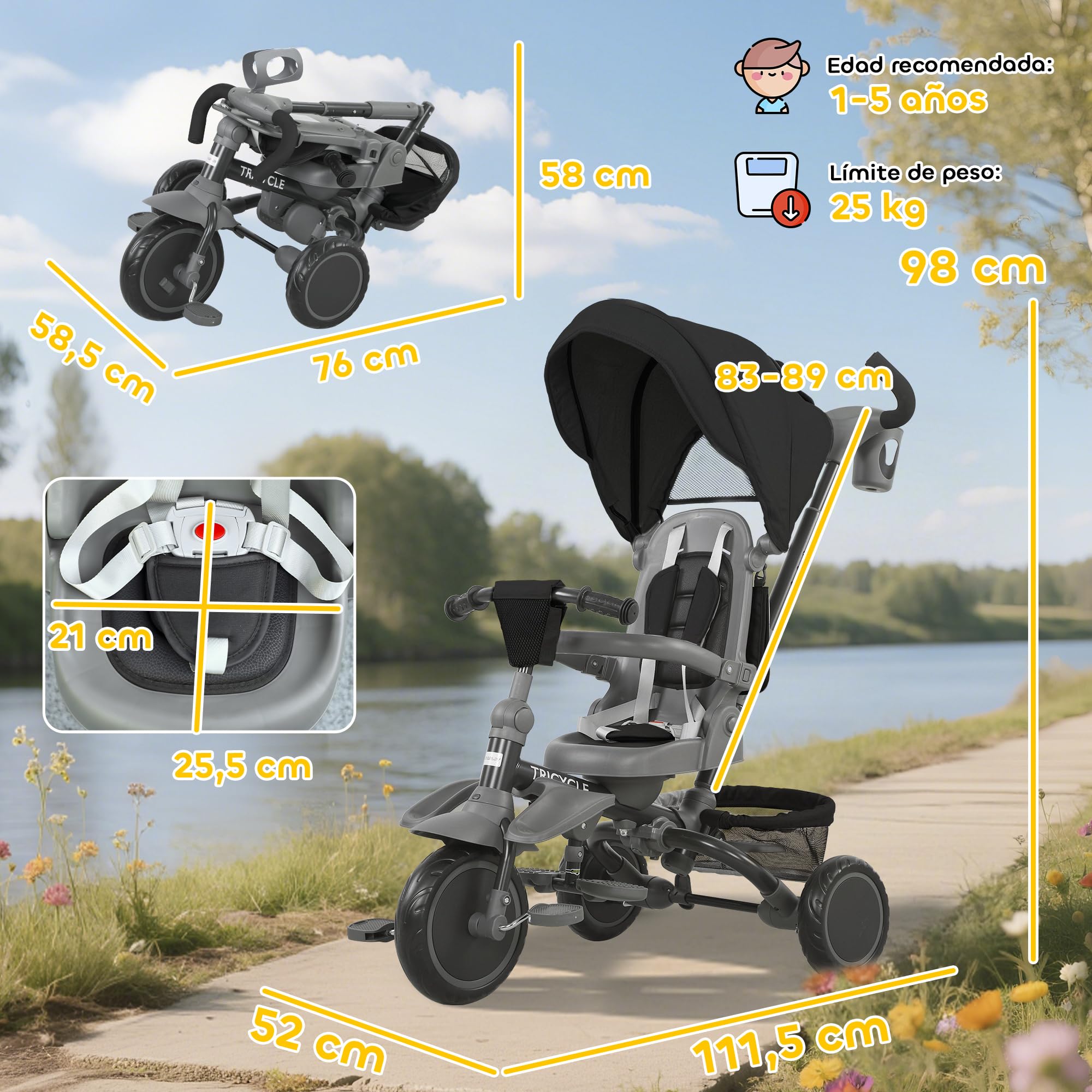AIYAPLAY 6 in 1 Triciclo Passeggino Bici per Bambini 1-5 Anni Fino 25Kg, Triciclo Pieghevole con Sedile Girevole Fronte Mamma o Strada, Cappottina, Maniglione, Borsa, Ruote e Cintura a 5 Punti, Nero