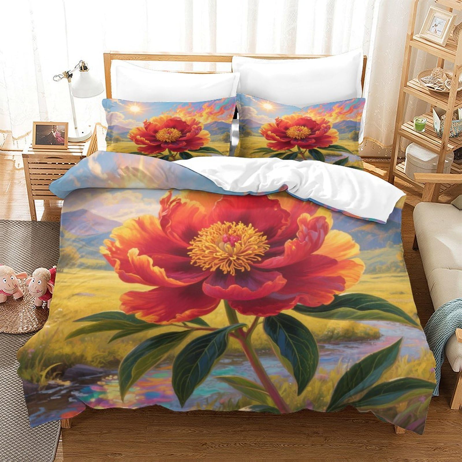 Parure de lit pivoine 3D anti-plis en microfibre hypoallergénique avec zip pour lit Super King